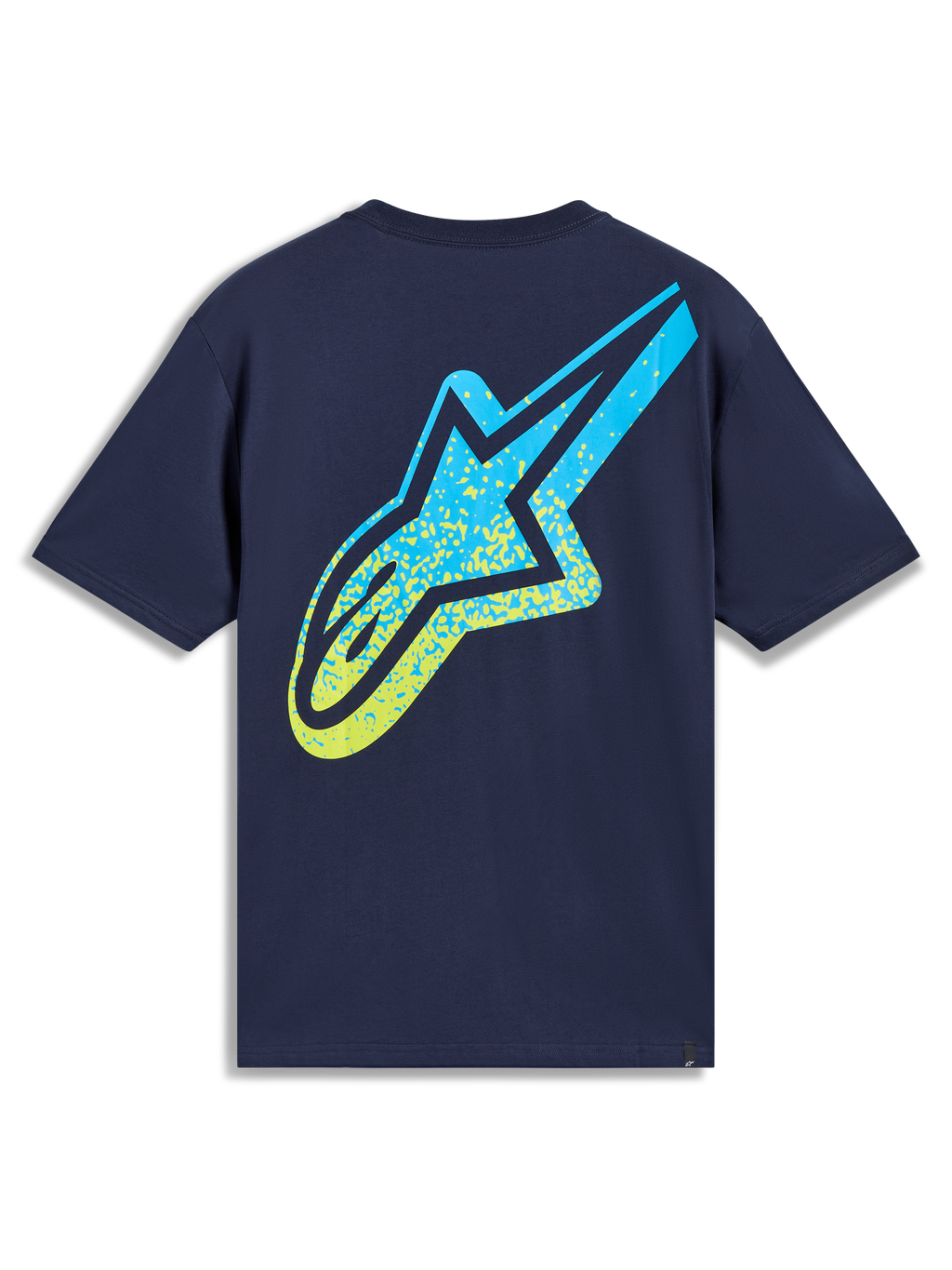 Alpinestars Meteor CSF Tee, camiseta de mangas cortas, azul marino, logo Astars en degradado amarillo y azul, ropa deportiva