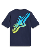 Alpinestars Meteor CSF Tee, camiseta de mangas cortas, azul marino, logo Astars en degradado amarillo y azul, ropa deportiva
