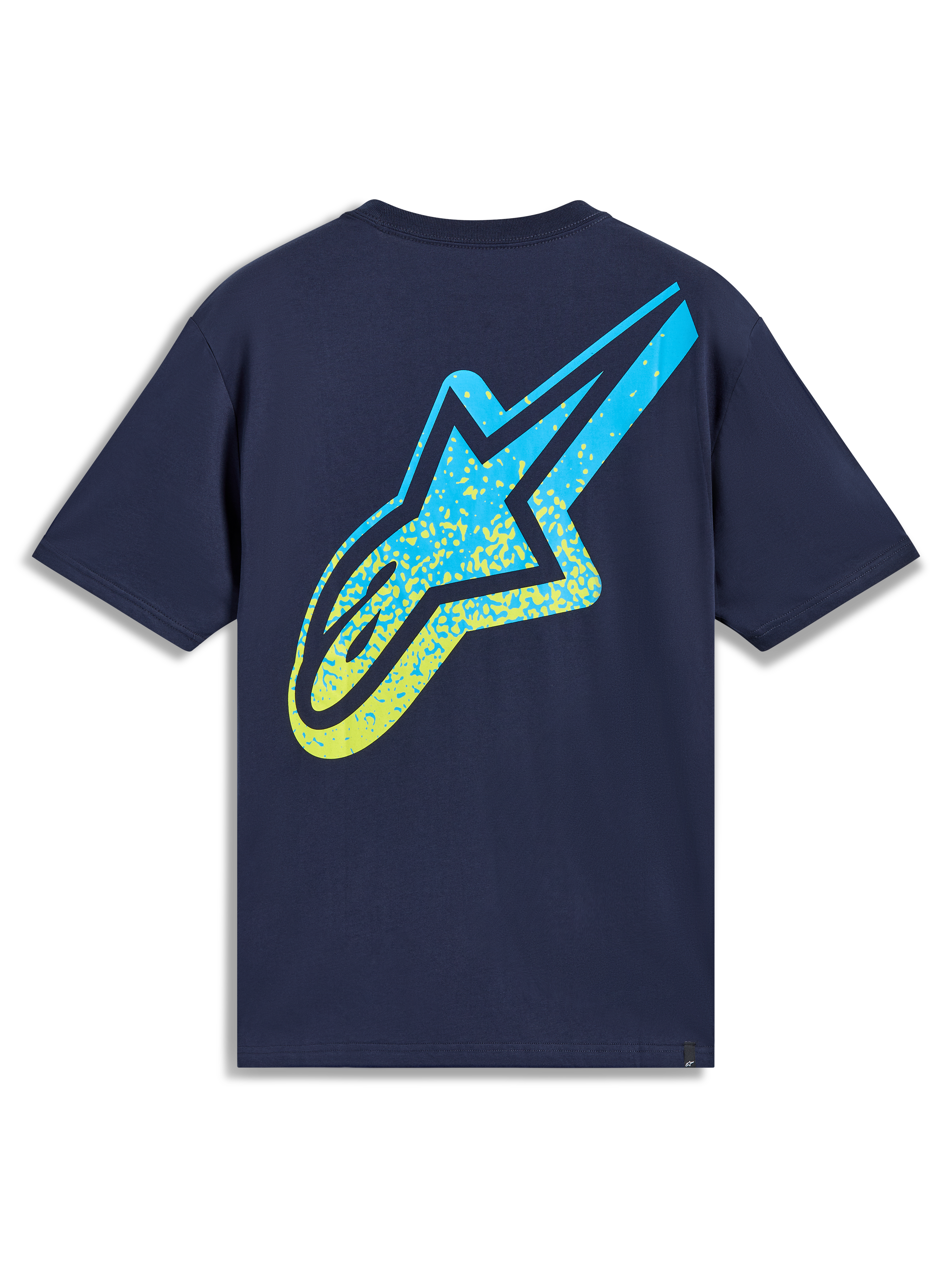 Alpinestars Meteor CSF Tee, camiseta de mangas cortas, azul marino, logo Astars en degradado amarillo y azul, ropa deportiva