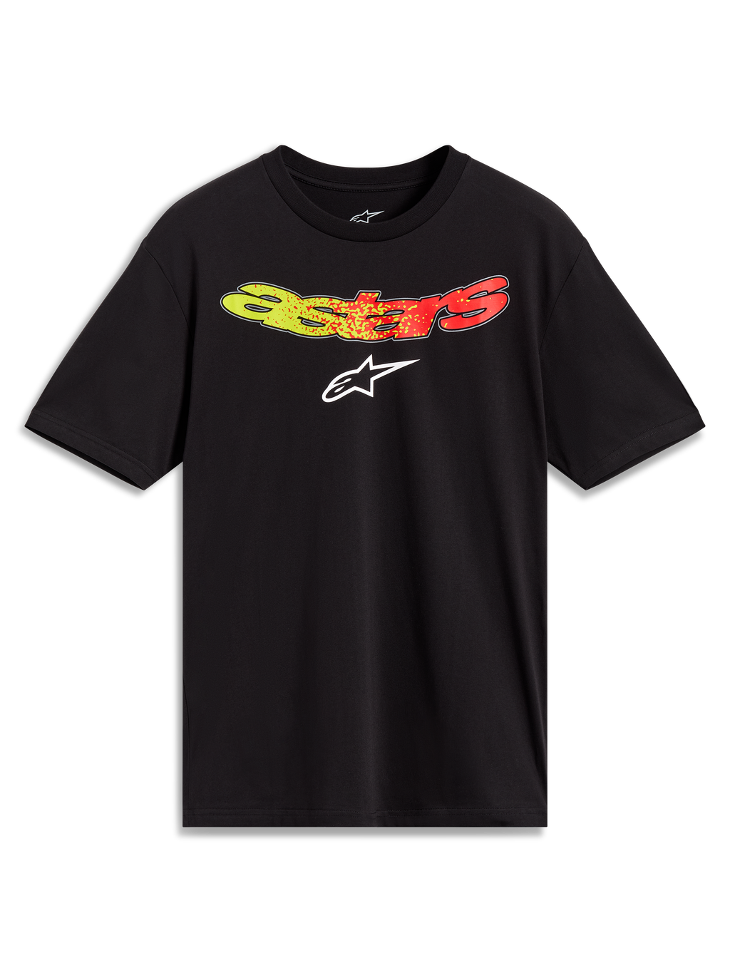 Alpinestars Elliptogrit CSF, camiseta negra de mangas cortas, gráfico Astars en degradado amarillo a rojo, estilo casual