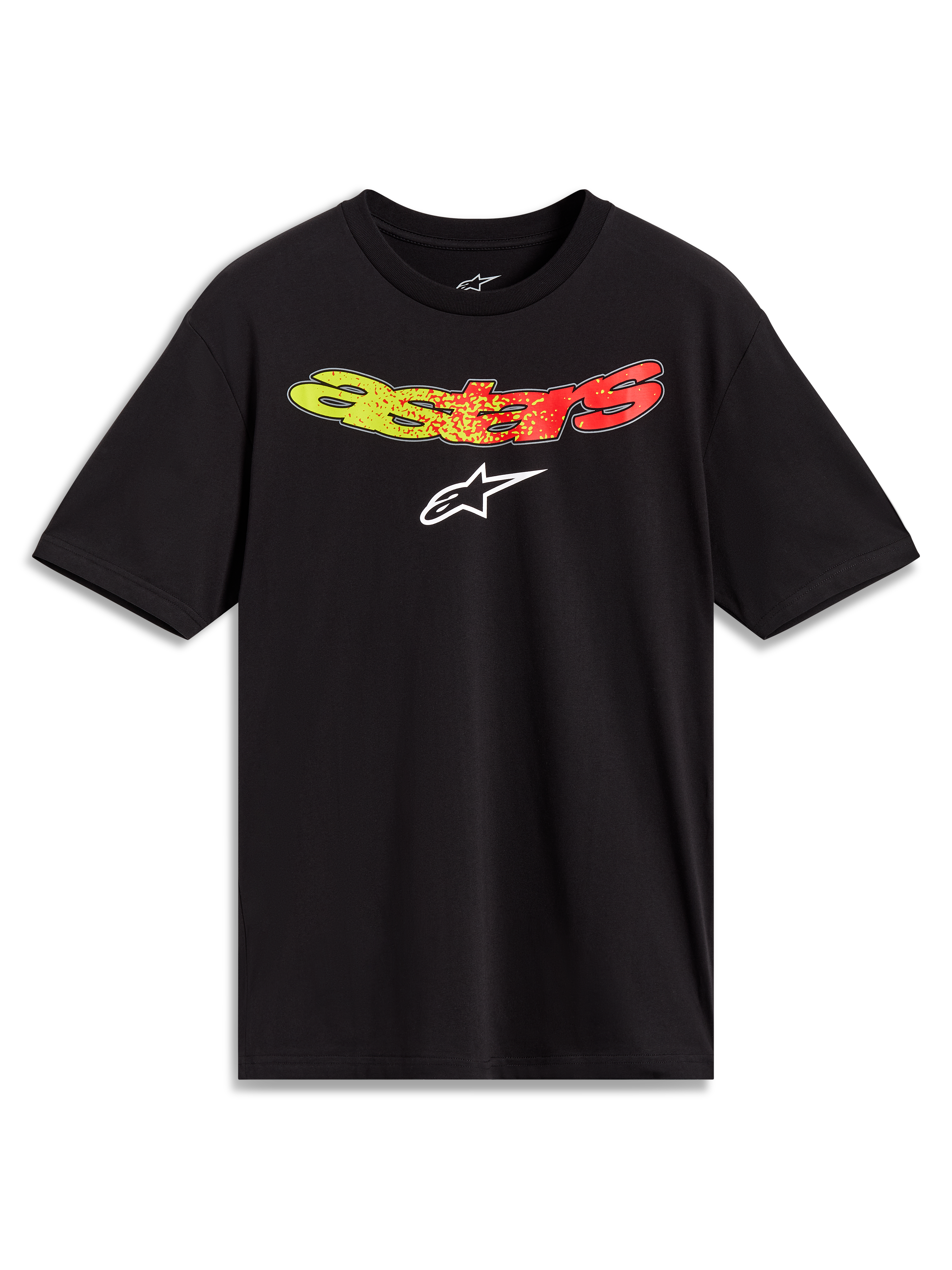 Alpinestars Elliptogrit CSF, camiseta negra de mangas cortas, gráfico Astars en degradado amarillo a rojo, estilo casual