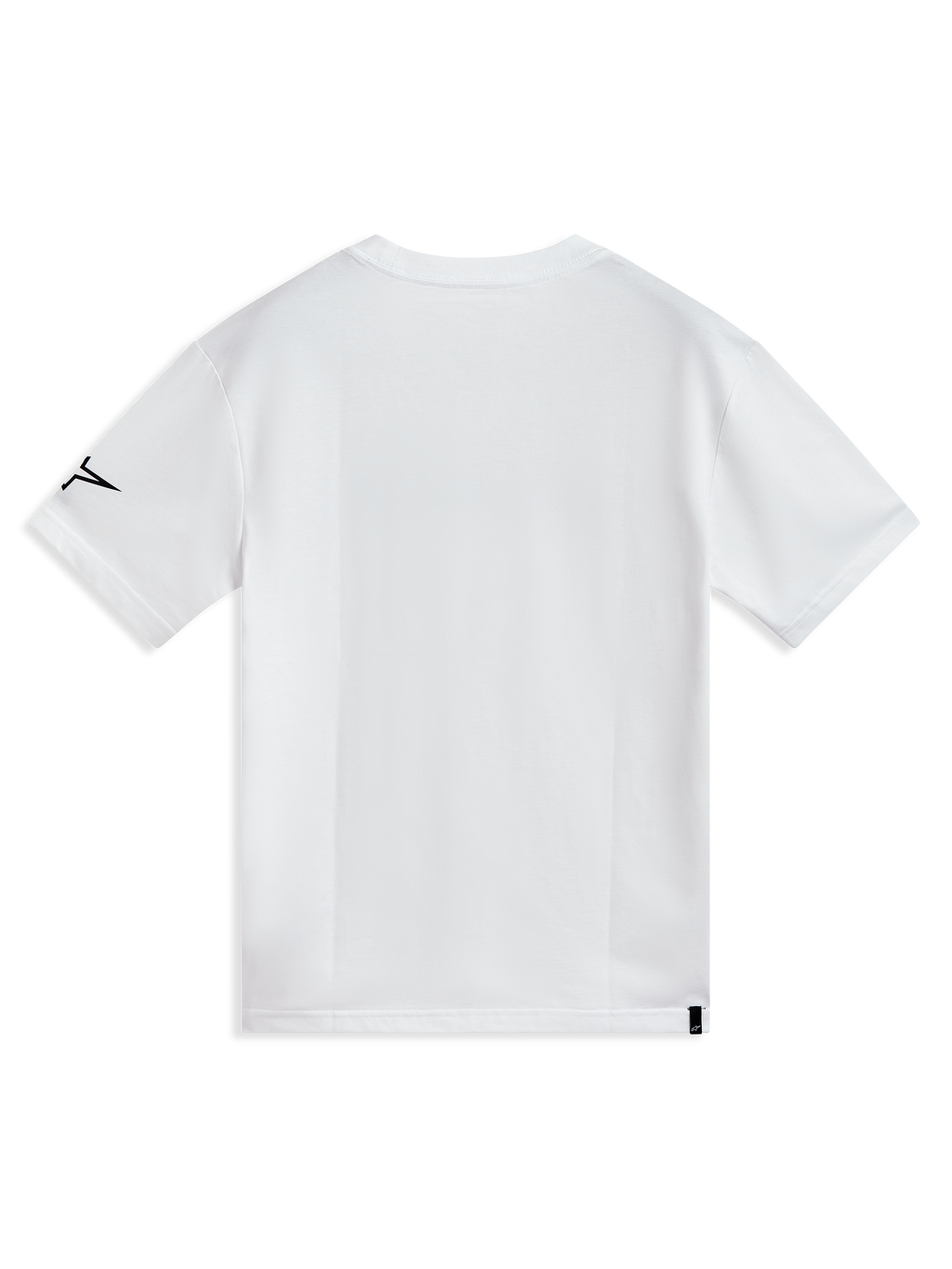 Alpinestars P1 CSF, camiseta blanca de mangas cortas, vista trasera con logo negro en la manga y etiqueta, ropa deportiva