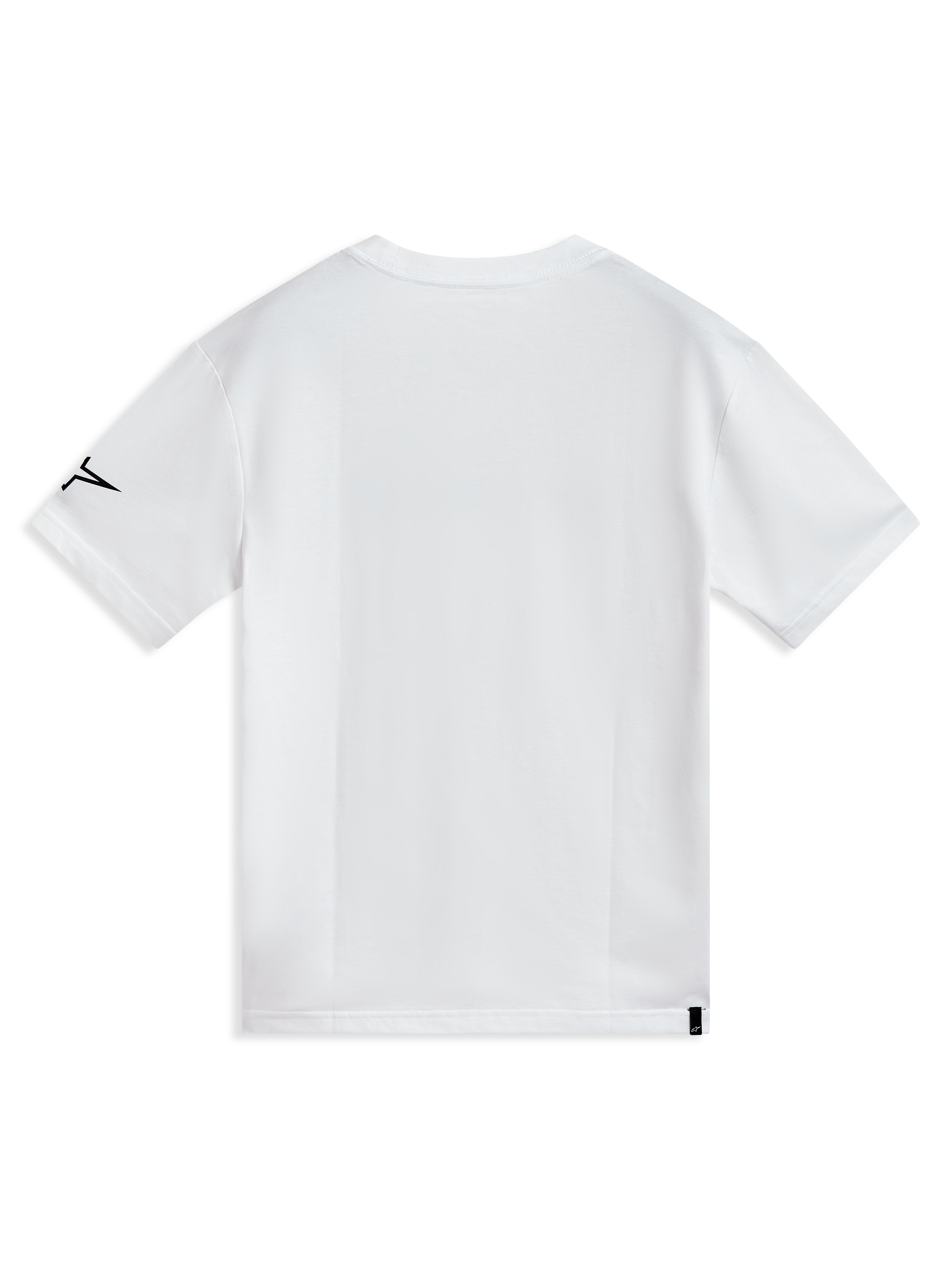 Alpinestars P1 CSF, camiseta blanca de mangas cortas, vista trasera con logo negro en la manga y etiqueta, ropa deportiva