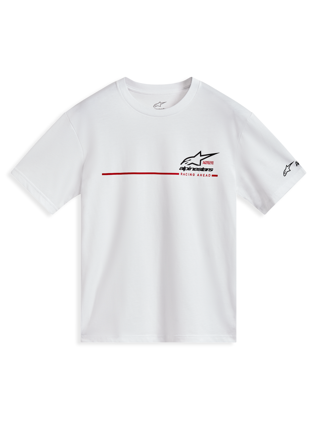 Alpinestars P1 CSF Tee, camiseta de mangas cortas blanca, raya de carreras roja y logotipos negros, ropa deportiva casual