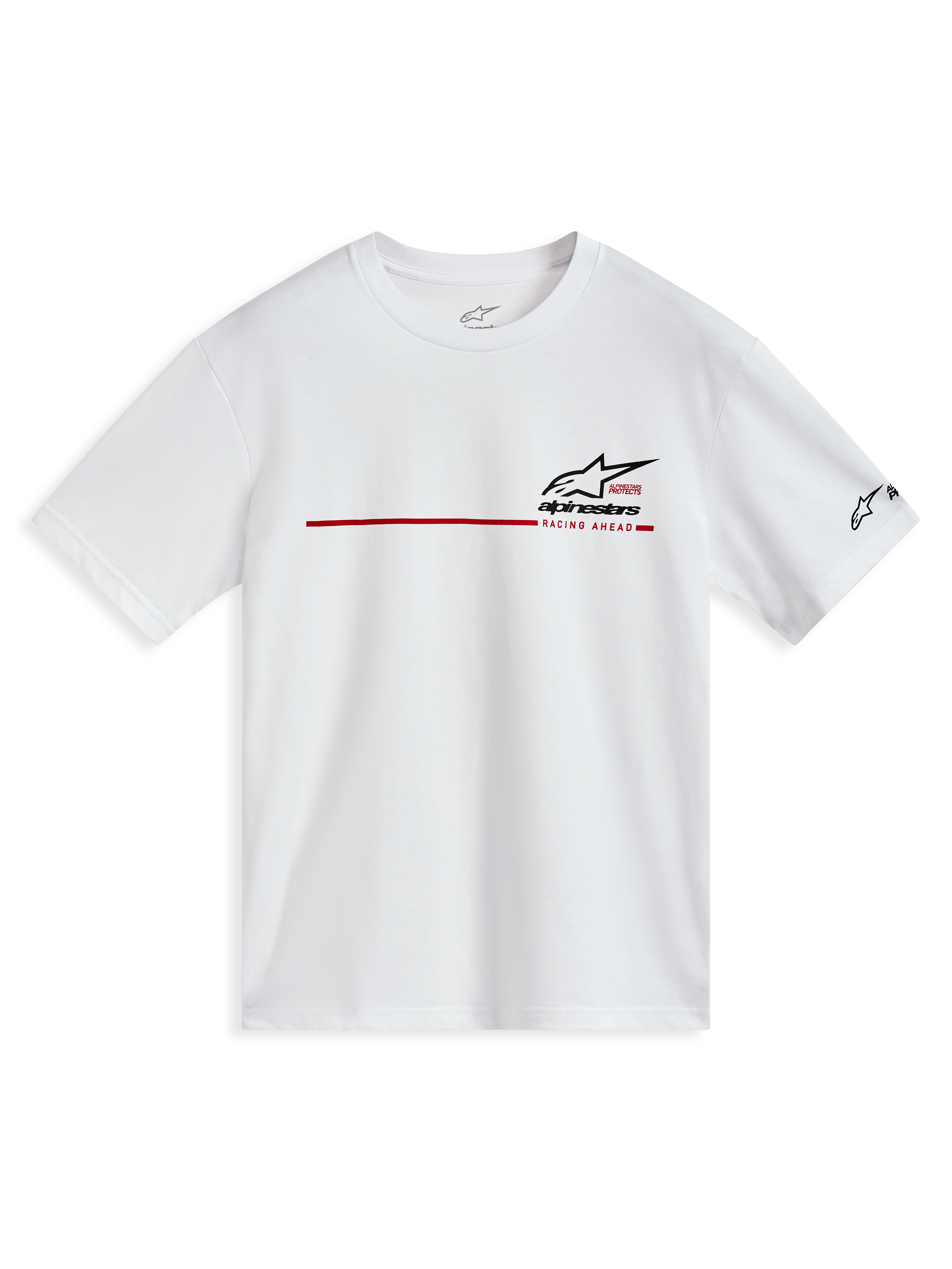 Alpinestars P1 CSF Tee, camiseta de mangas cortas blanca, raya de carreras roja y logotipos negros, ropa deportiva casual
