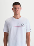 Alpinestars P1 CSF, camiseta de mangas cortas unisex, blanca con gráfico frontal de logotipo Astars, raya de competición roja y texto 'Racing Ahead', construcción suave de algodón y poliéster, estilo sportswear