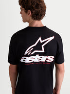 Alpinestars Lineout CSF Tee, Casual Sportswear Short Sleeve T-Shirt, Black with large white and red back Astars logo graphic and brand motto, Unisex, premium cotton-poly blend.