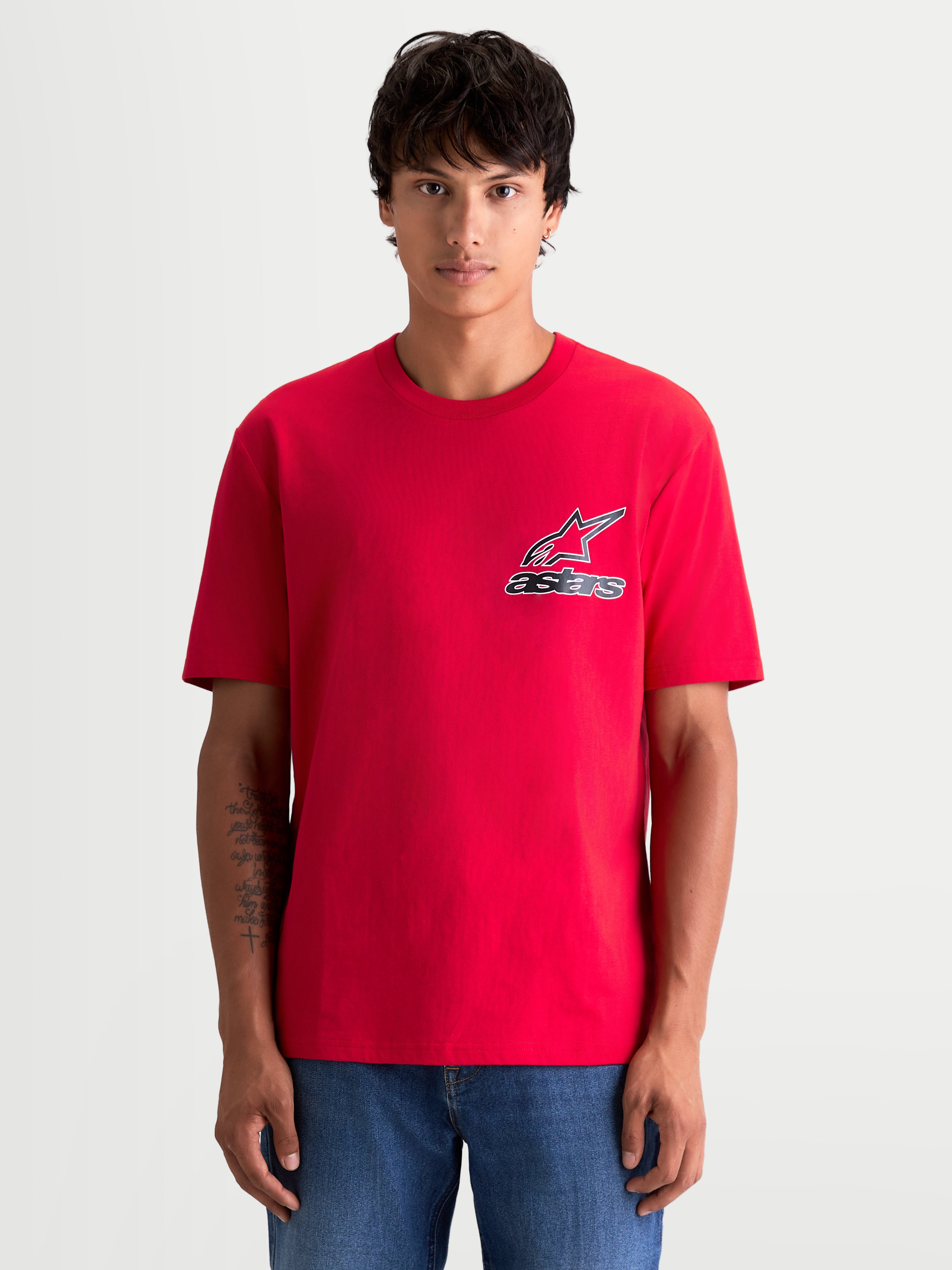 Alpinestars Camiseta Lineout CSF, camiseta de mangas cortas para hombre, roja con logotipo Astars en blanco y negro en el pecho, ropa deportiva casual, mezcla de algodón y poliéster