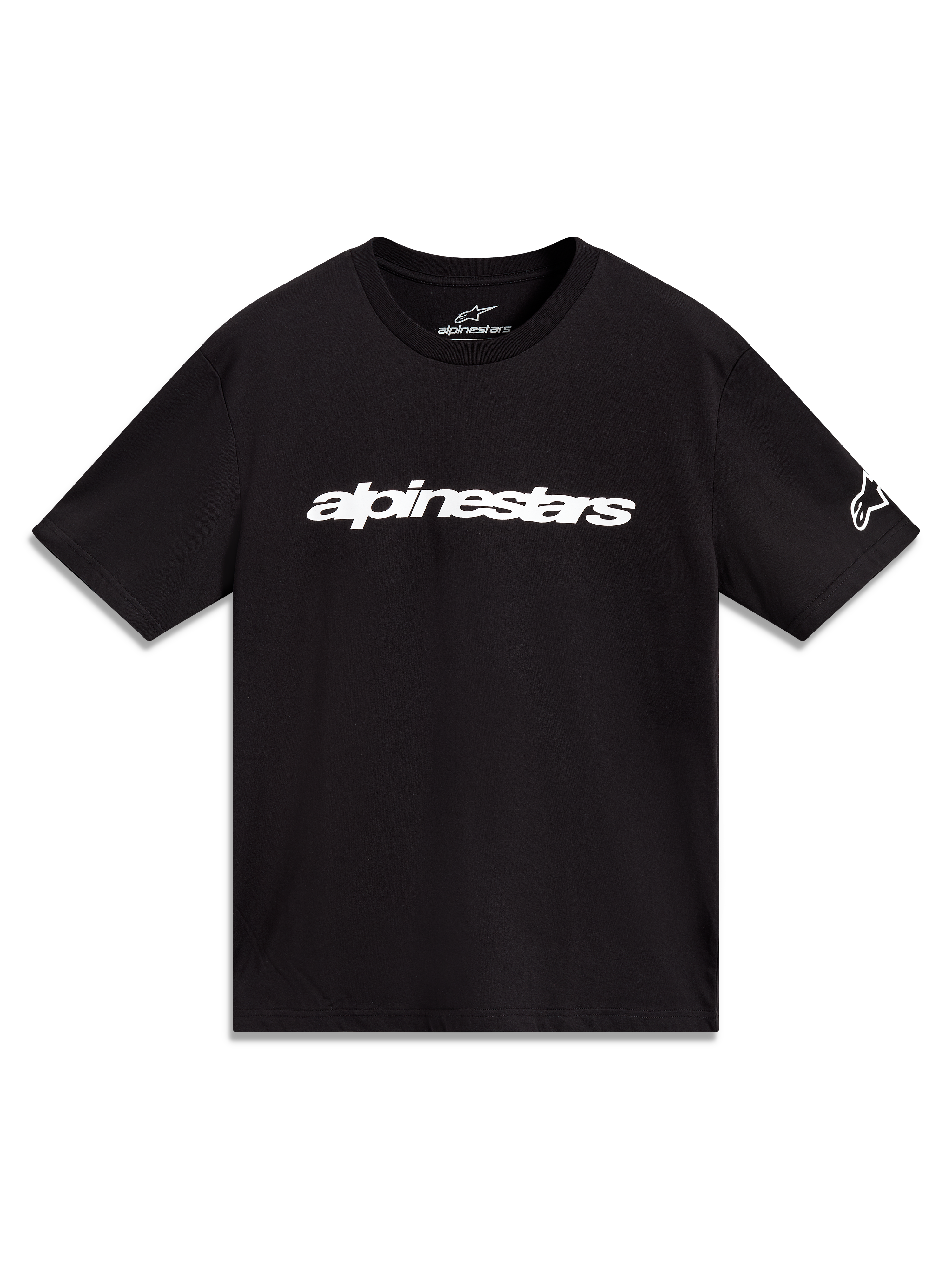 Alpinestars Race Wordmark CSF Tee, black short-sleeve sportswear shirt featuring a white linear logo and sleeve graphic.