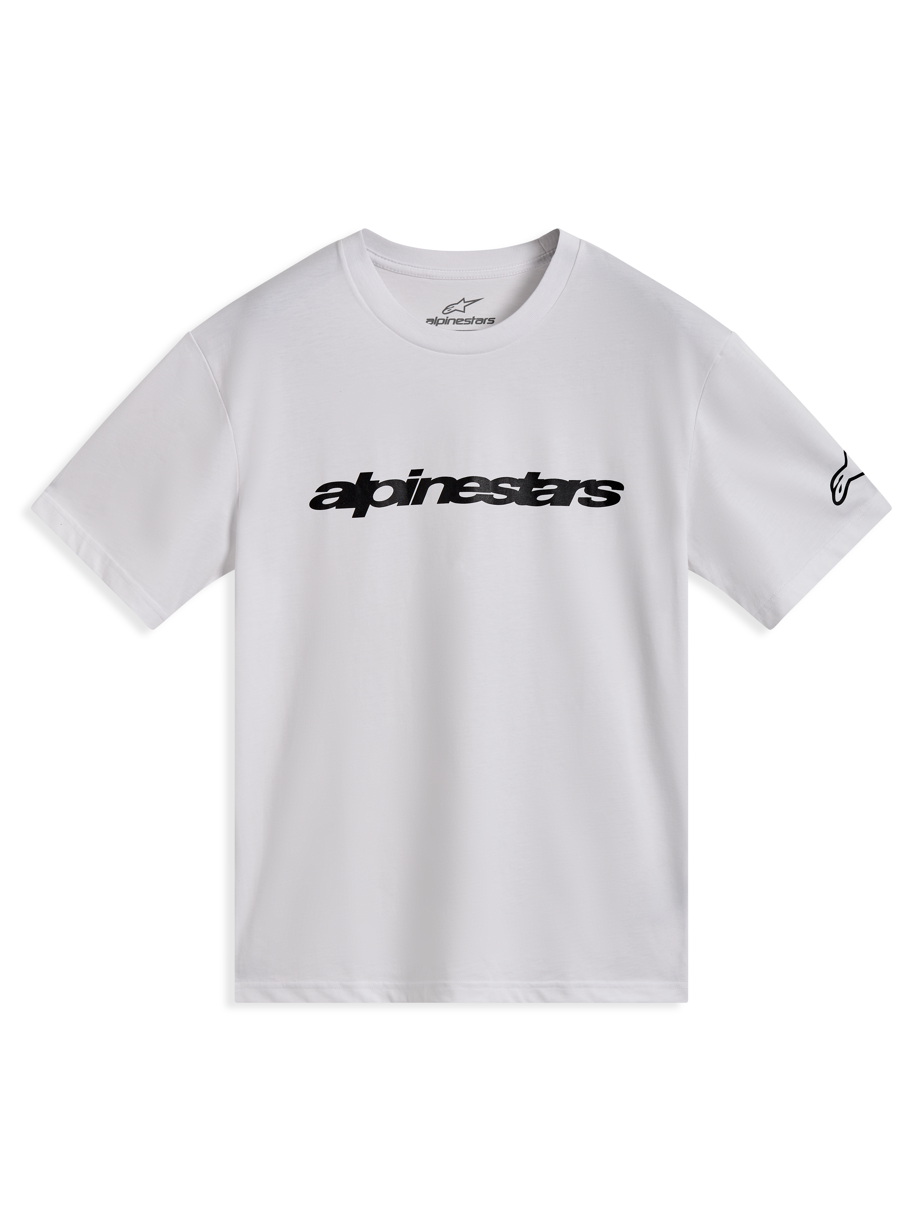 Alpinestars Race Wordmark CSF Tee, camiseta blanca de mangas cortas con logotipo negro en el pecho y gráfico en la manga