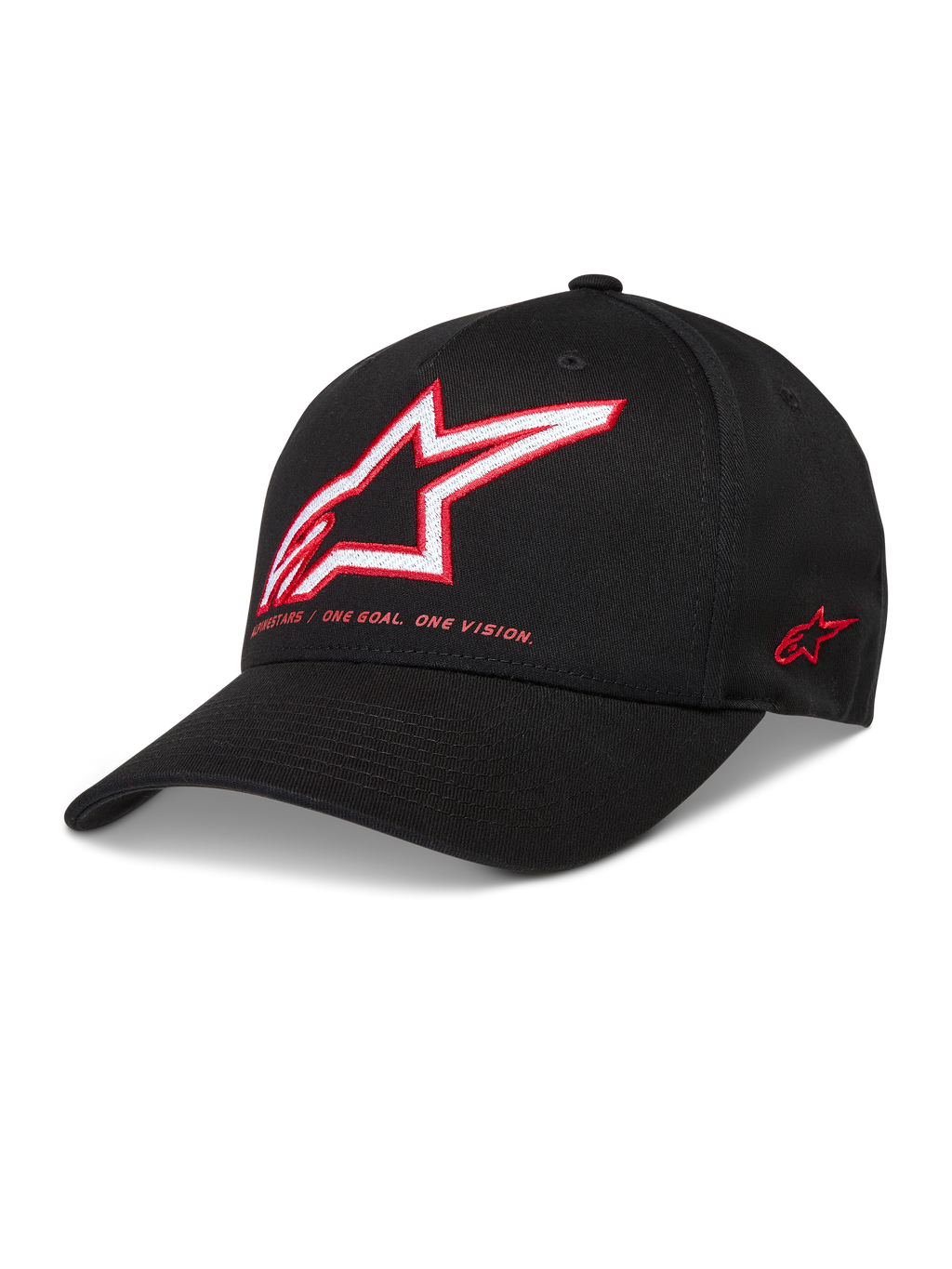 Alpinestars Lineout Gorro, gorra deportiva negra de sarga con visera curva y logotipo Astars bordado en rojo y blanco.