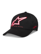 Alpinestars Lineout Gorro, gorra deportiva negra de sarga con visera curva y logotipo Astars bordado en rojo y blanco.