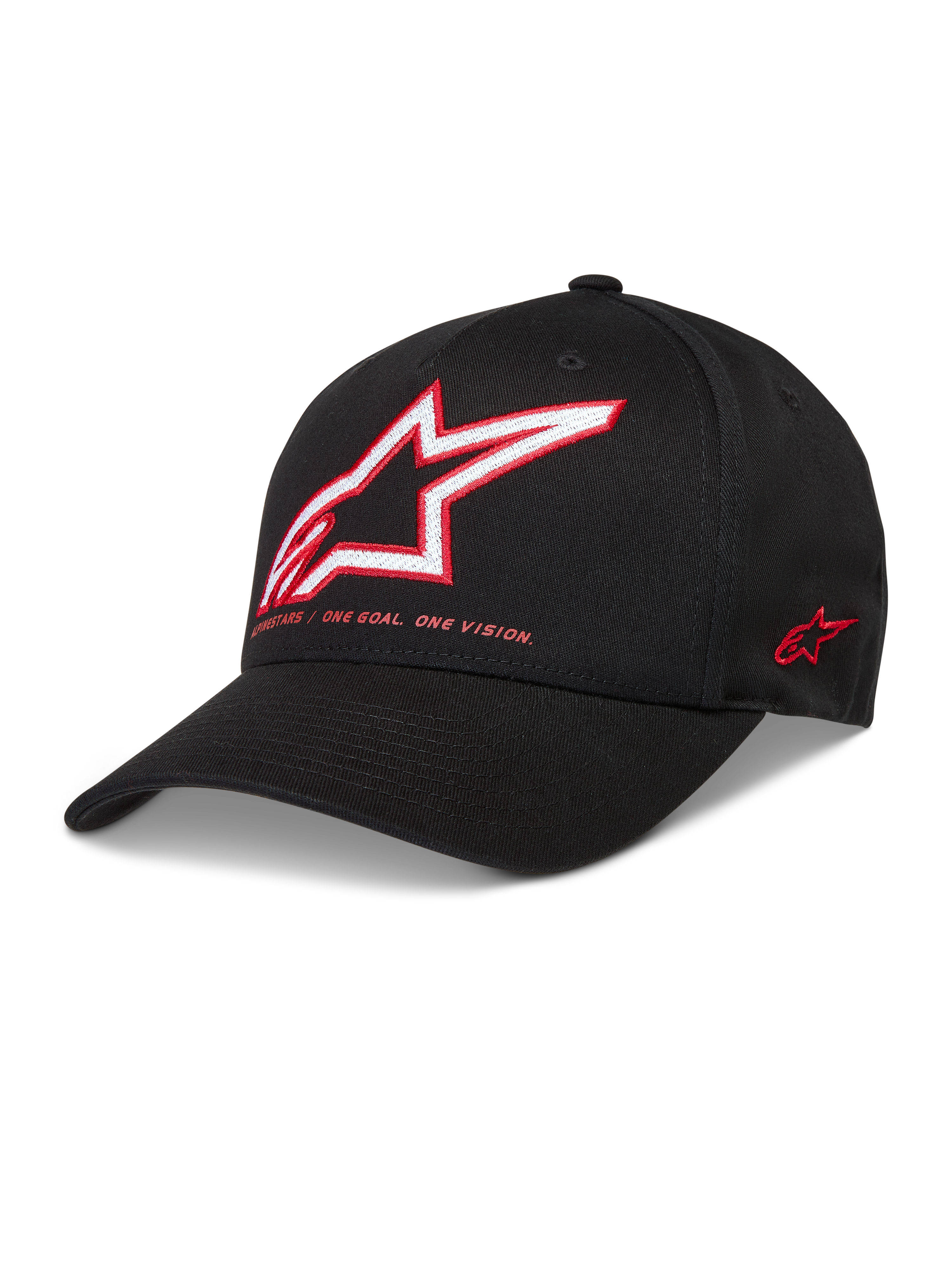 Alpinestars Lineout Gorro, gorra deportiva negra de sarga con visera curva y logotipo Astars bordado en rojo y blanco.