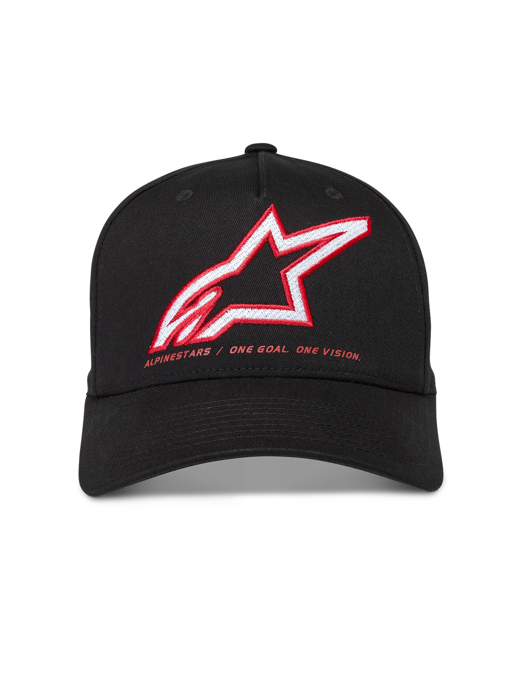 Alpinestars Lineout Gorro, gorra de sarga estructurada negra, visera curva, logo Astars bordado en rojo y blanco