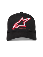 Alpinestars Lineout Gorro, gorra de sarga estructurada negra, visera curva, logo Astars bordado en rojo y blanco
