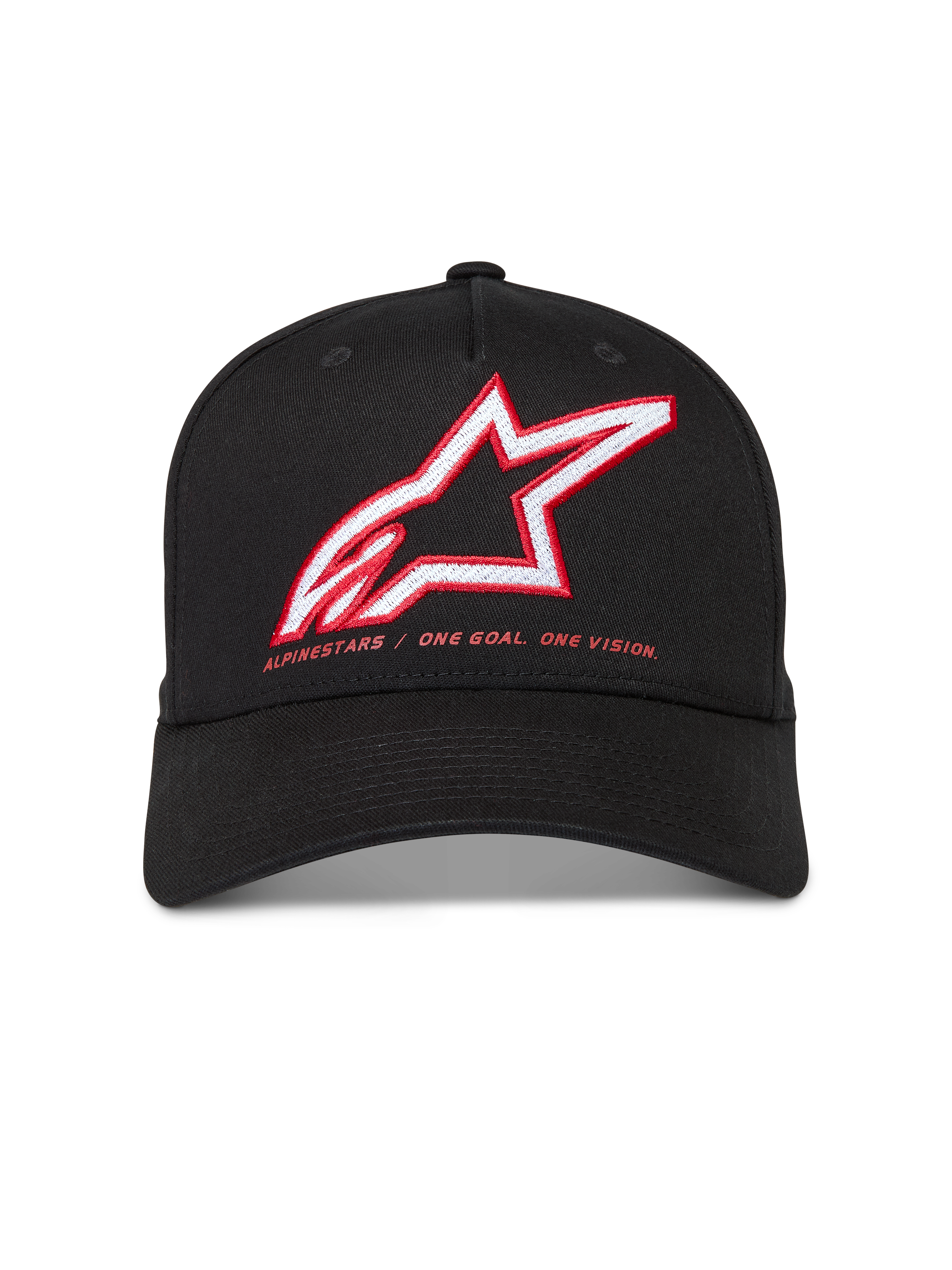 Alpinestars Lineout Gorro, gorra de sarga estructurada negra, visera curva, logo Astars bordado en rojo y blanco