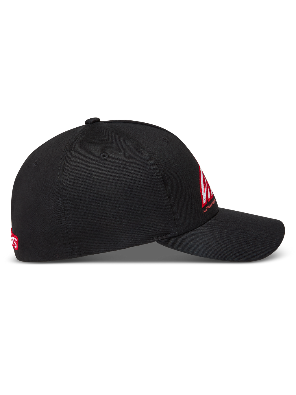 Alpinestars Lineout, gorra de sarga negra con visera curva, corona estructurada y logo bordado en rojo y blanco