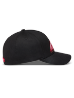 Alpinestars Lineout, gorra de sarga negra con visera curva, corona estructurada y logo bordado en rojo y blanco