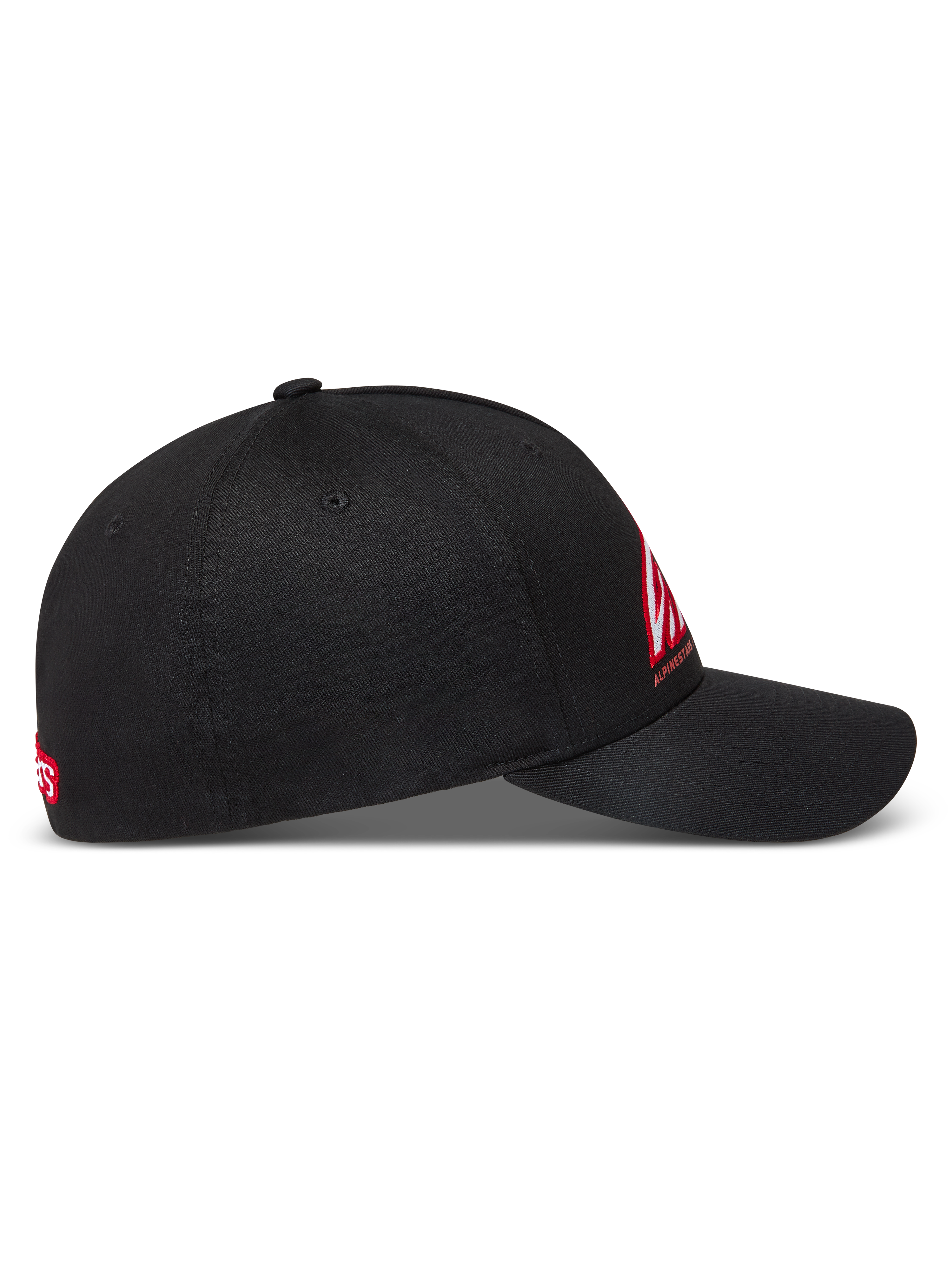 Alpinestars Lineout, gorra de sarga negra con visera curva, corona estructurada y logo bordado en rojo y blanco