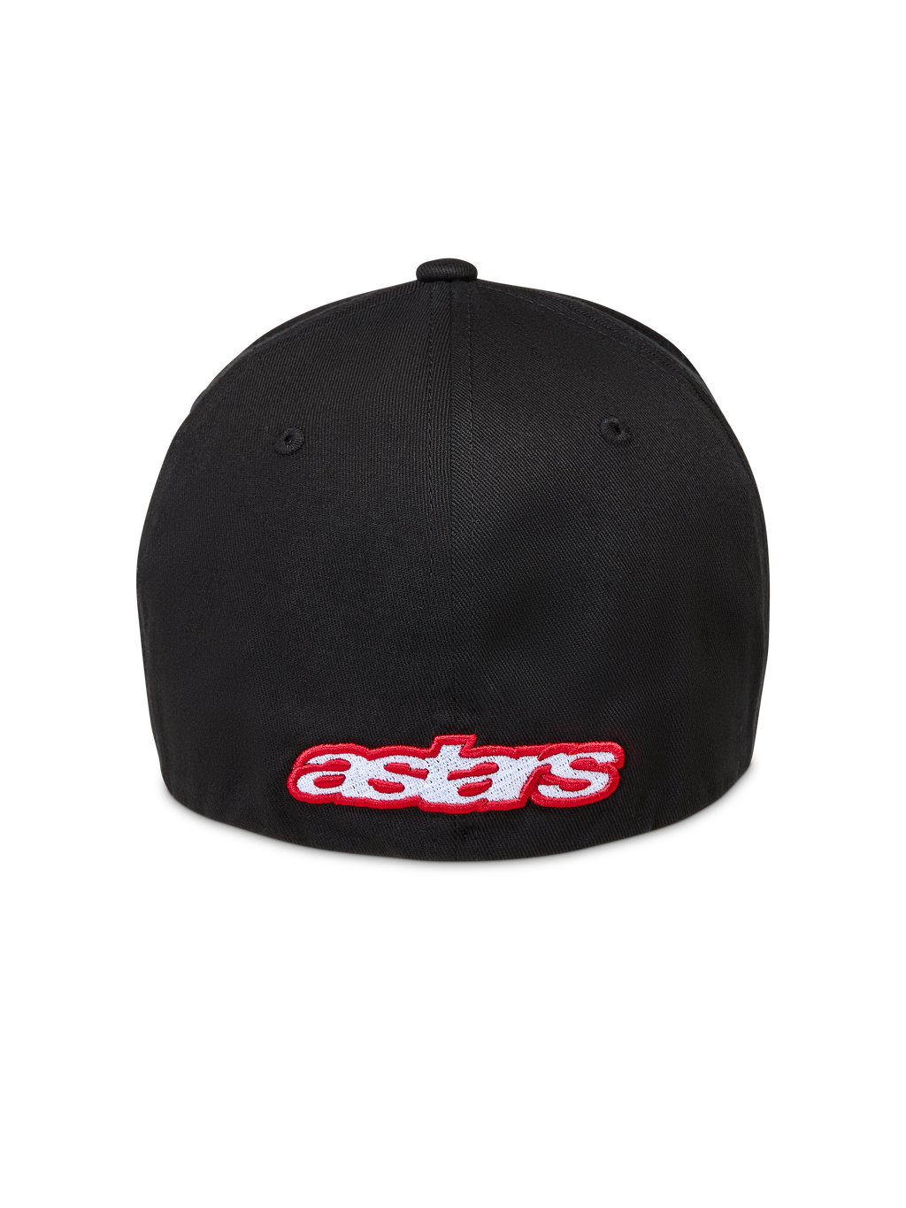 Alpinestars Lineout Gorro, gorra de sarga con ajuste flexible, negra con bordado del logotipo Astars en rojo y blanco en la parte trasera, ropa deportiva
