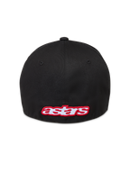 Alpinestars Lineout Gorro, gorra de sarga con ajuste flexible, negra con bordado del logotipo Astars en rojo y blanco en la parte trasera, ropa deportiva
