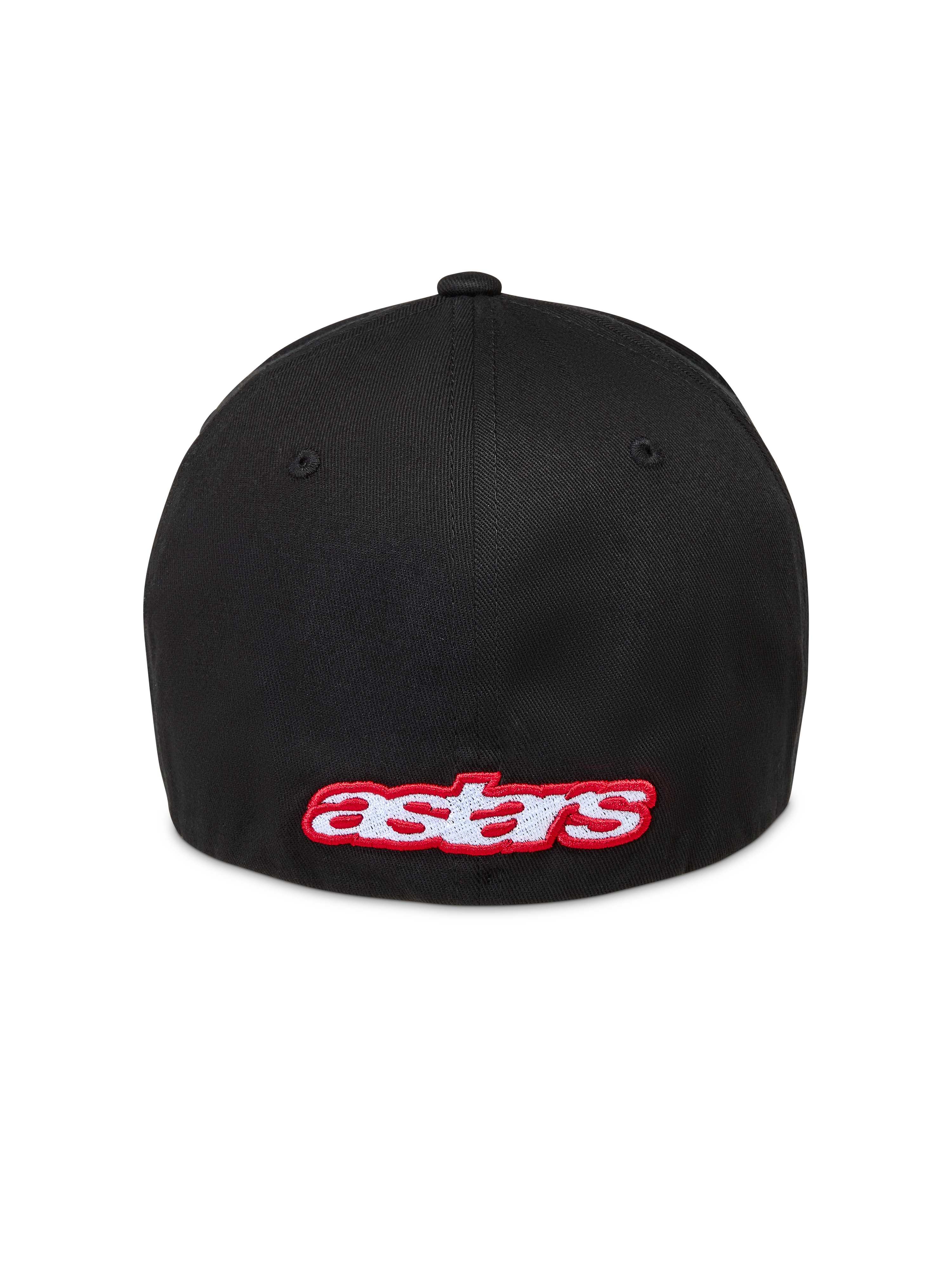 Alpinestars Lineout Gorro, gorra de sarga con ajuste flexible, negra con bordado del logotipo Astars en rojo y blanco en la parte trasera, ropa deportiva