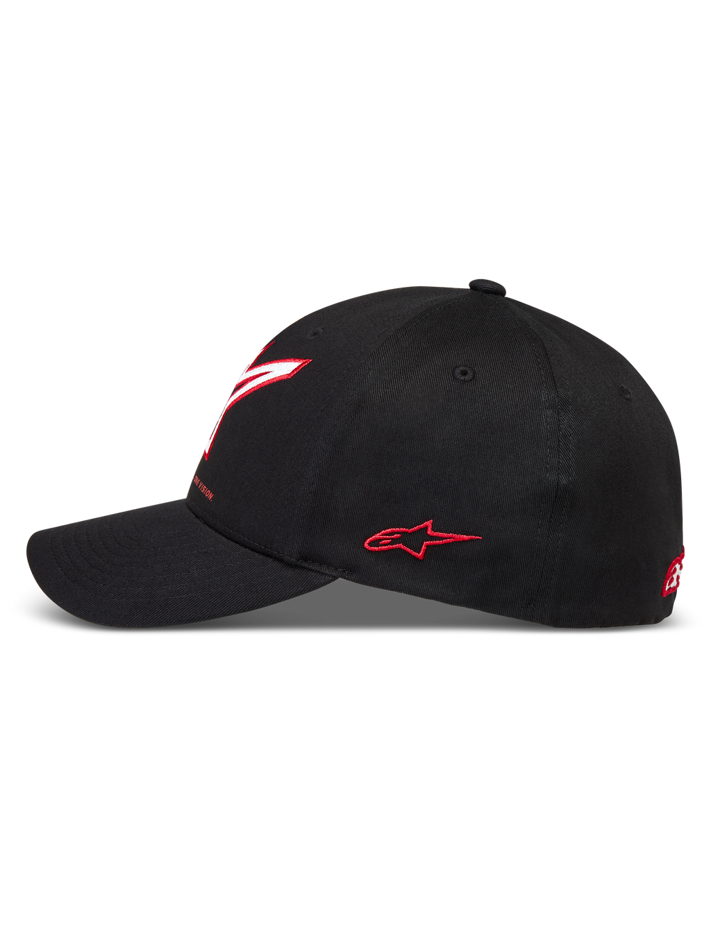Alpinestars Lineout, gorra de sarga para motorsport con visera curva, negra con logos rojos y blancos bordados