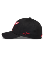 Alpinestars Lineout, gorra de sarga para motorsport con visera curva, negra con logos rojos y blancos bordados