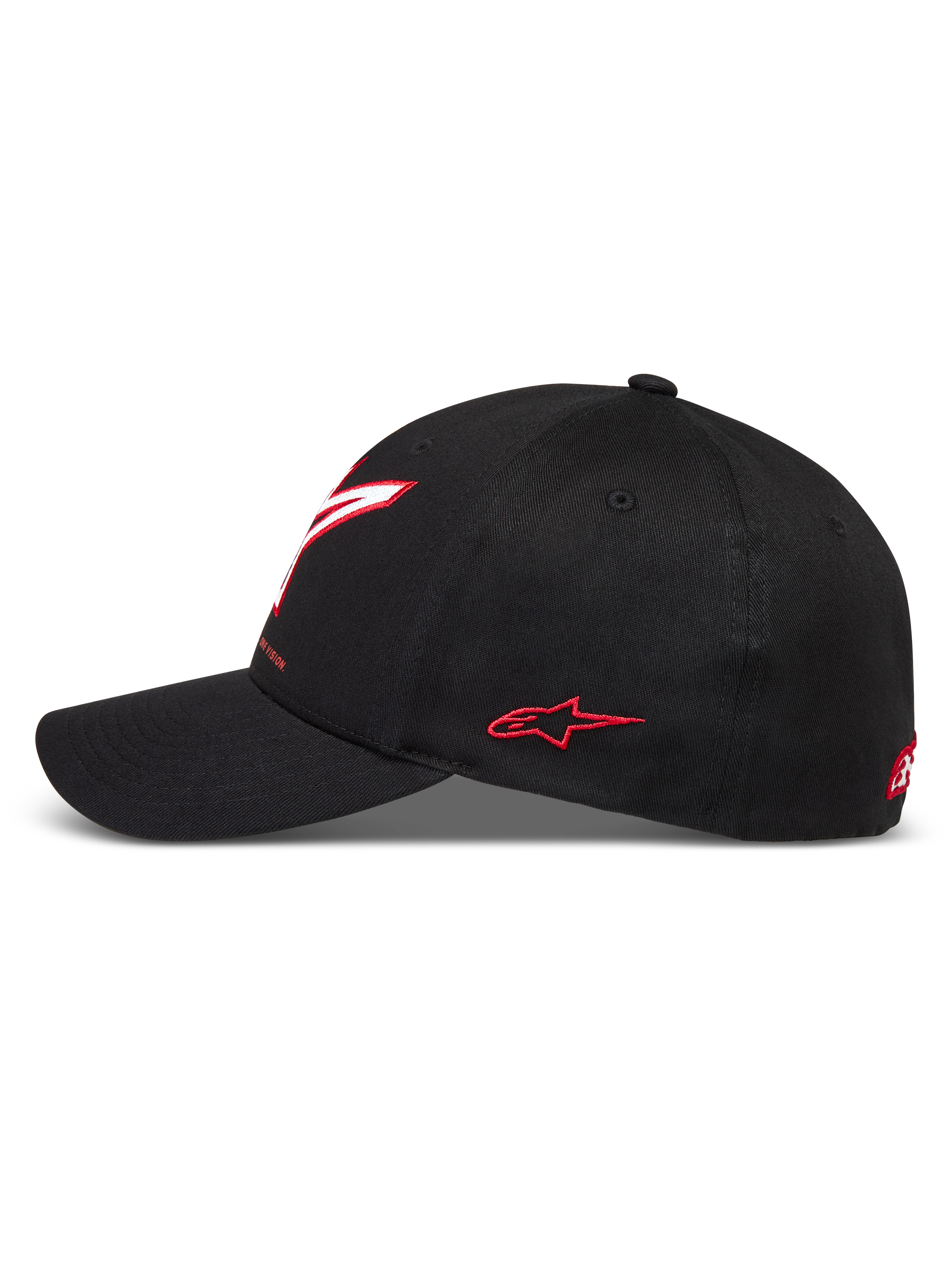 Alpinestars Lineout, gorra de sarga para motorsport con visera curva, negra con logos rojos y blancos bordados