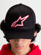 Alpinestars Gorra Lineout, gorra de béisbol de estilo sportswear para hombre y mujer, negra con logotipo Astars bordado en rojo y blanco y lema One Goal One Vision, visera curva y corona estructurada