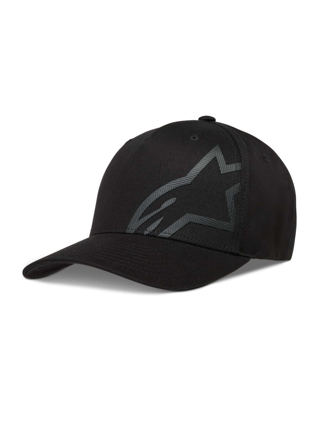 Gorra Alpinestars Maze negra de sarga con visera curva y logotipo Astars en relieve, estilo deportivo con ajuste flexible.