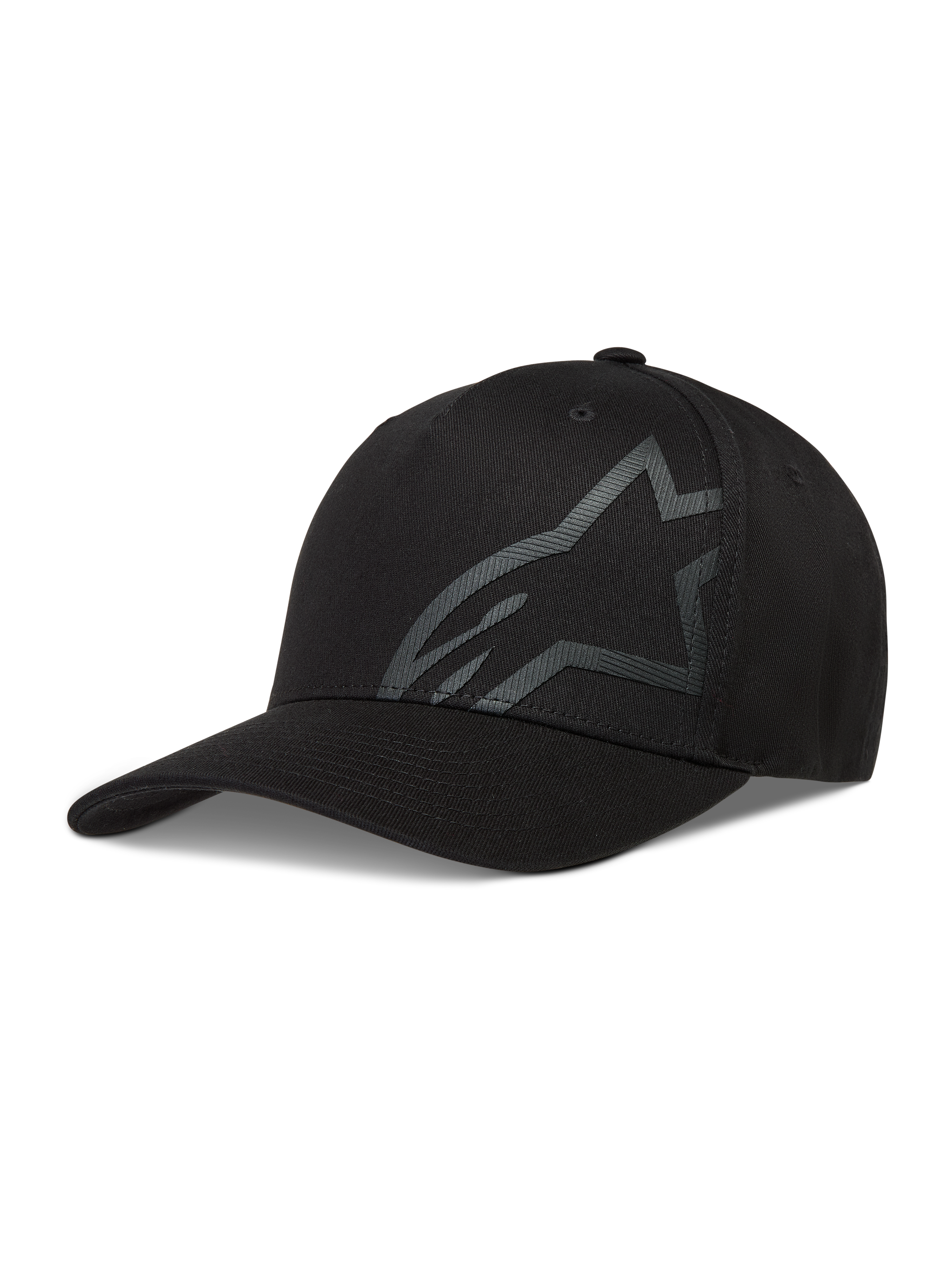 Gorra Alpinestars Maze negra de sarga con visera curva y logotipo Astars en relieve, estilo deportivo con ajuste flexible.