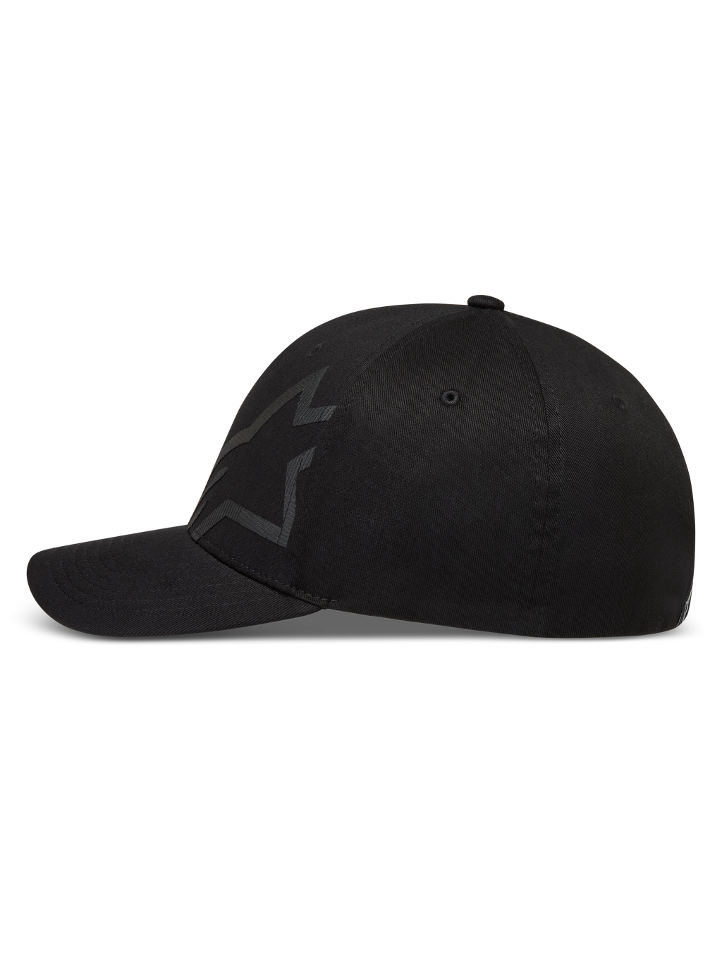 Gorra Alpinestars Maze, gorra de visera curva de estilo deportivo, negra, confeccionada en tejido de sarga con logotipo Astars texturizado y corona estructurada.