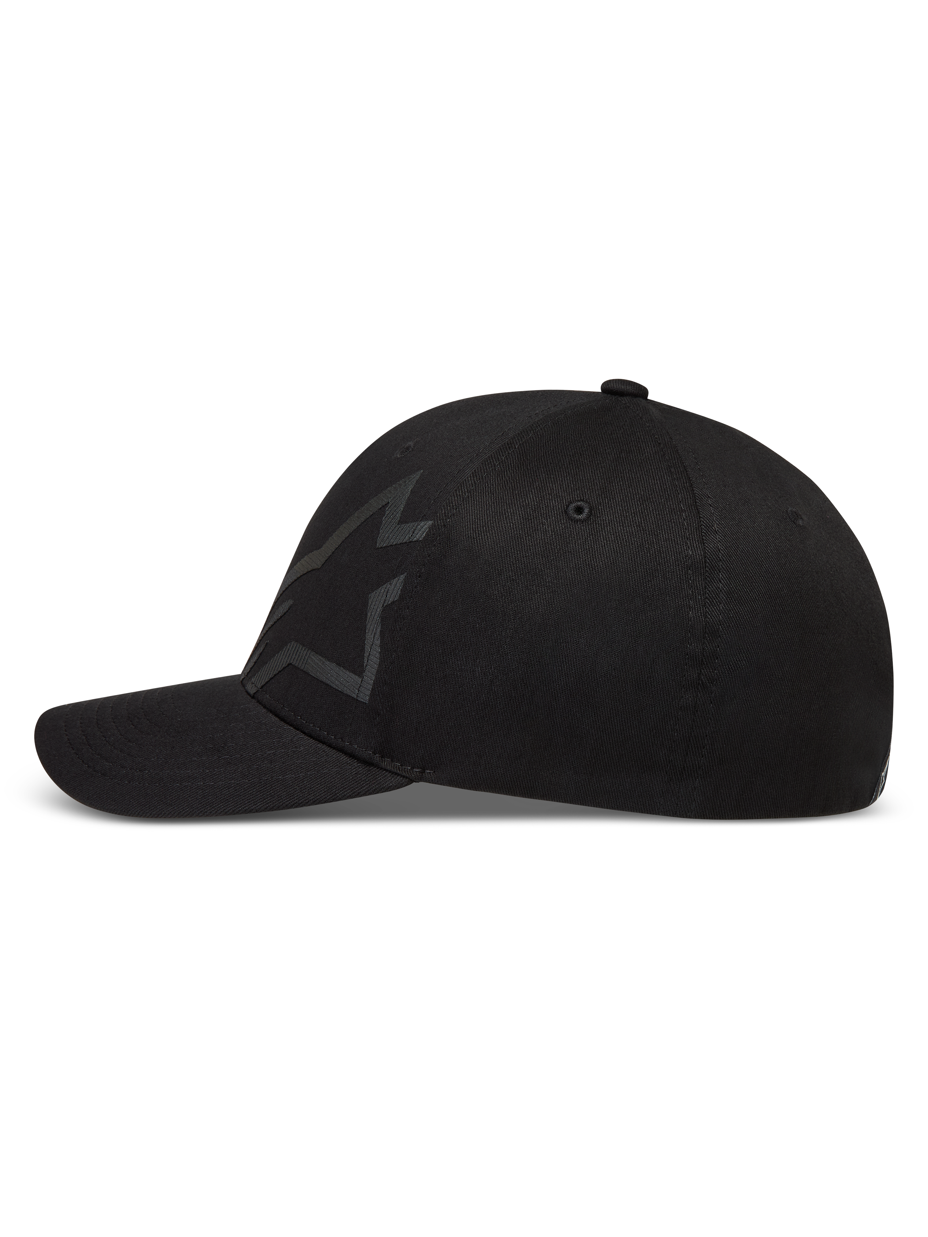 Gorra Alpinestars Maze, gorra de visera curva de estilo deportivo, negra, confeccionada en tejido de sarga con logotipo Astars texturizado y corona estructurada.