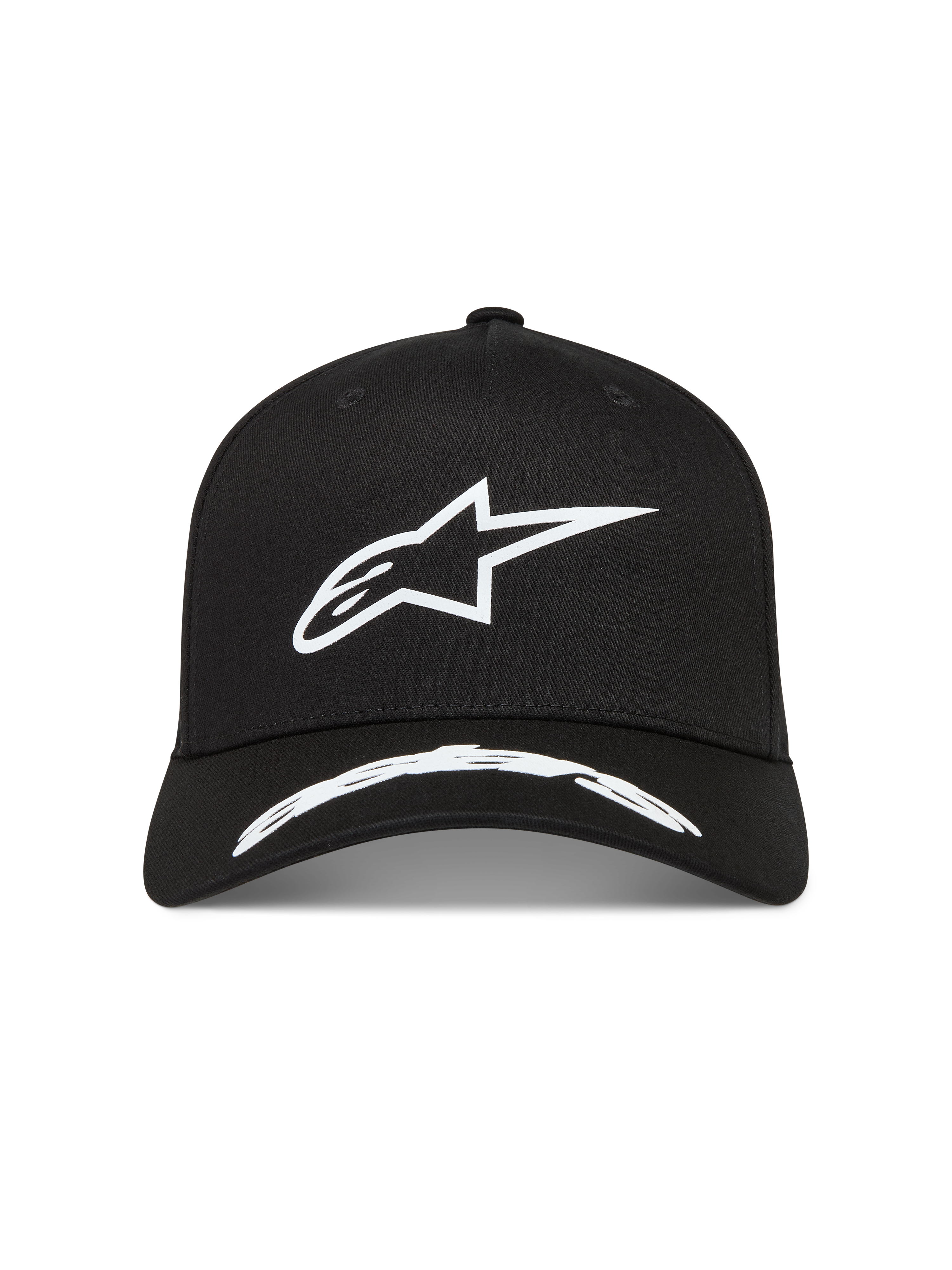 Alpinestars Arclight Gorro, gorra deportiva de sarga negra y blanca, logotipo Astars en relieve texturizado y visera curva