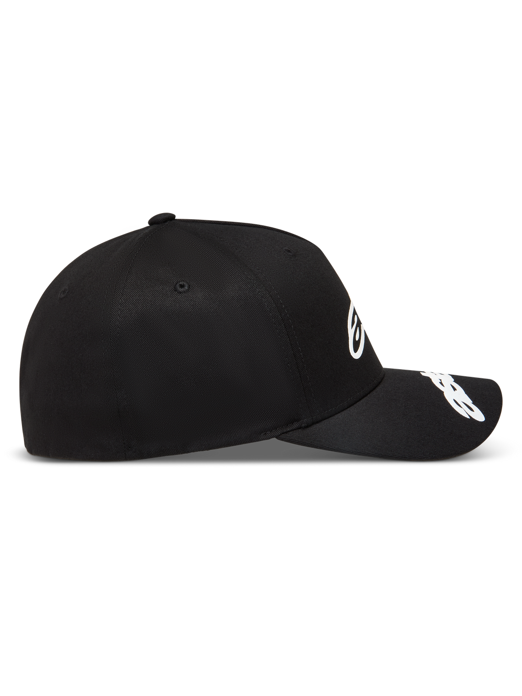 Gorra Alpinestars Arclight negra con corona estructurada y logotipos blancos en relieve en la parte frontal y la visera.