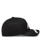 Gorra Alpinestars Arclight negra con corona estructurada y logotipos blancos en relieve en la parte frontal y la visera.