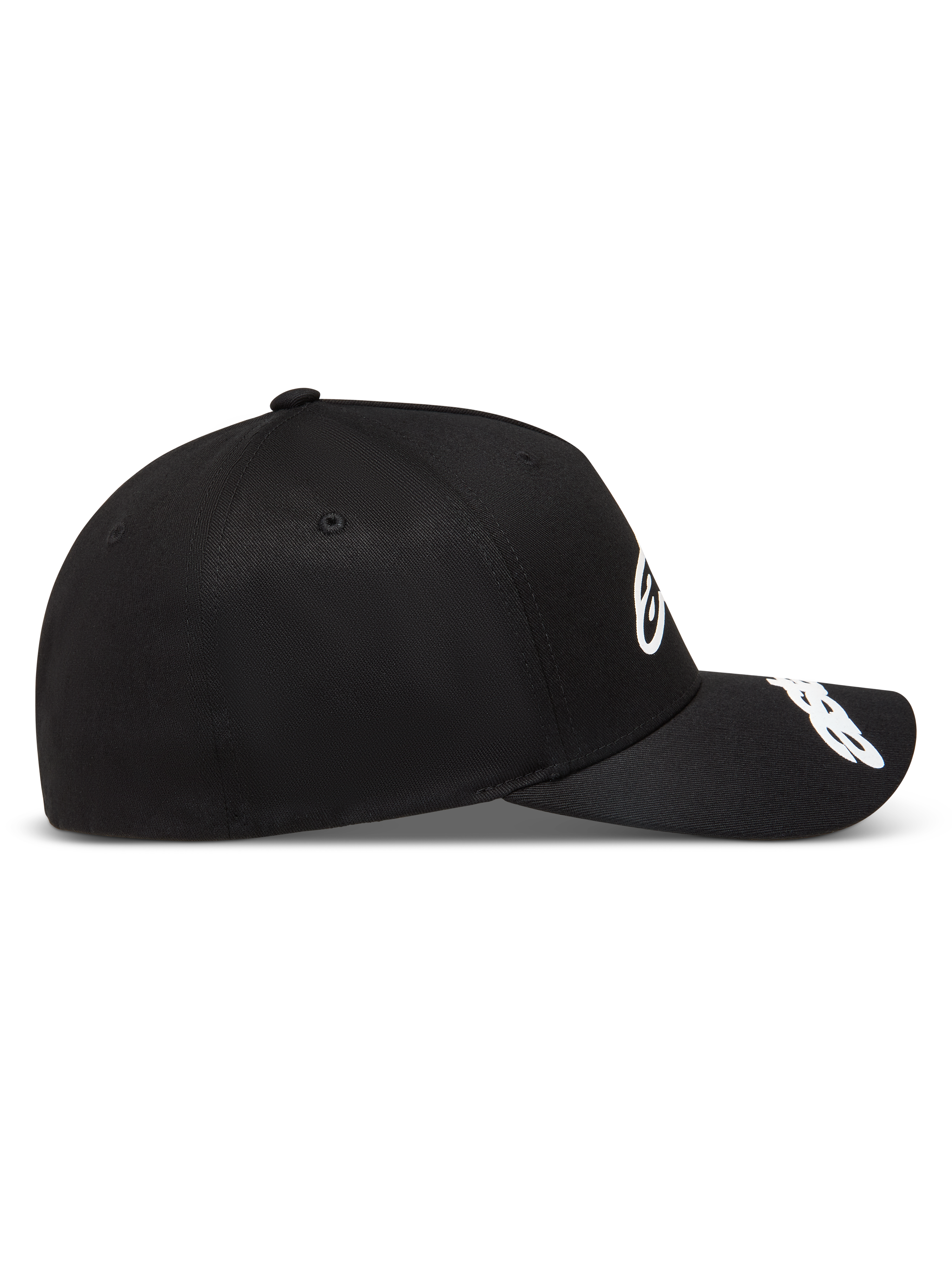 Gorra Alpinestars Arclight negra con corona estructurada y logotipos blancos en relieve en la parte frontal y la visera.