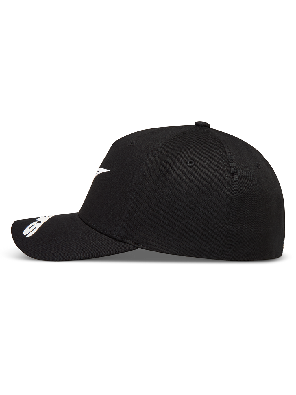 Alpinestars Arclight Gorro, gorra de béisbol deportiva en color negro, vista lateral con logotipo Astars blanco, visera curva y corona estructurada de sarga