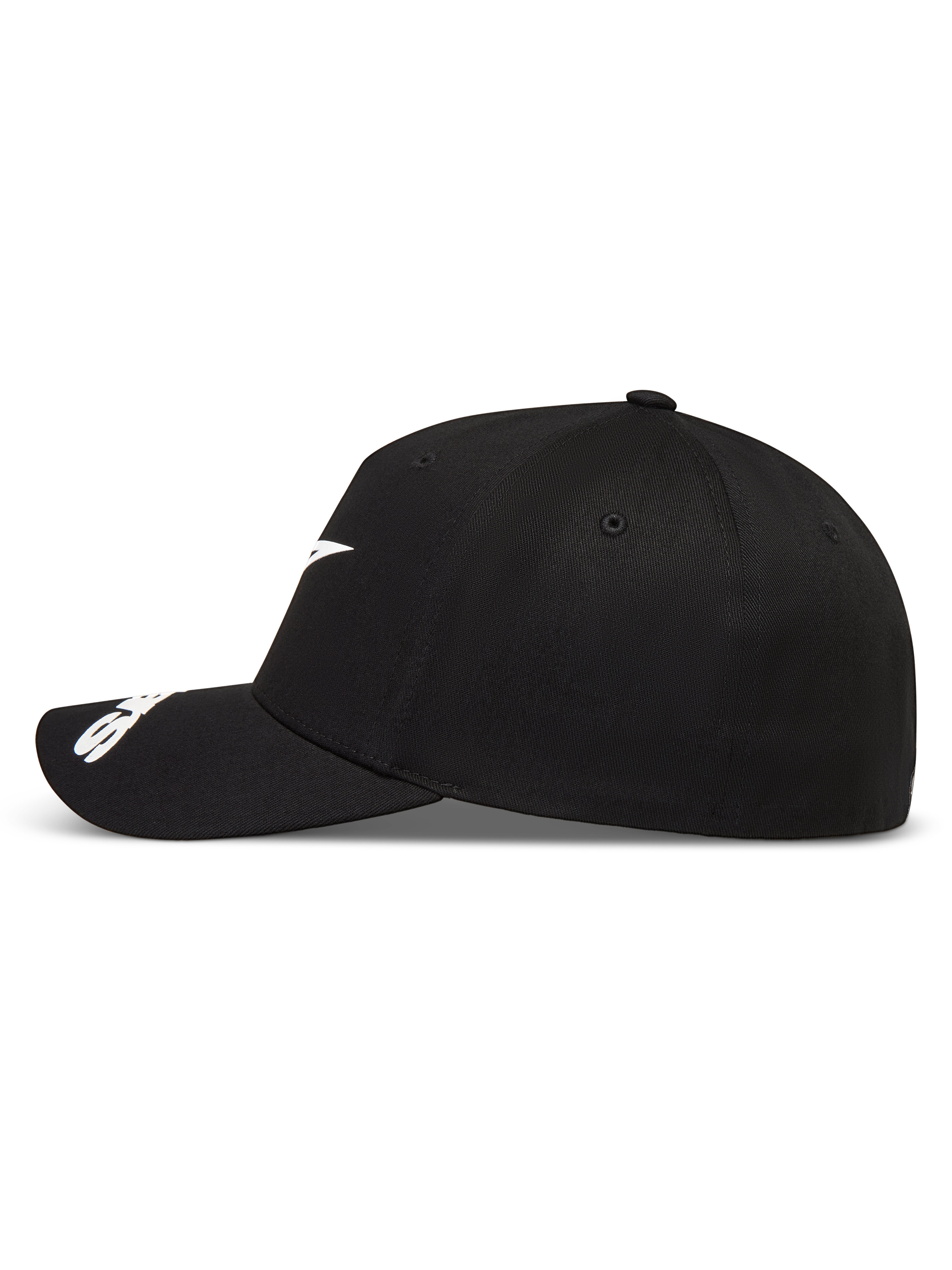 Alpinestars Arclight Gorro, gorra de béisbol deportiva en color negro, vista lateral con logotipo Astars blanco, visera curva y corona estructurada de sarga