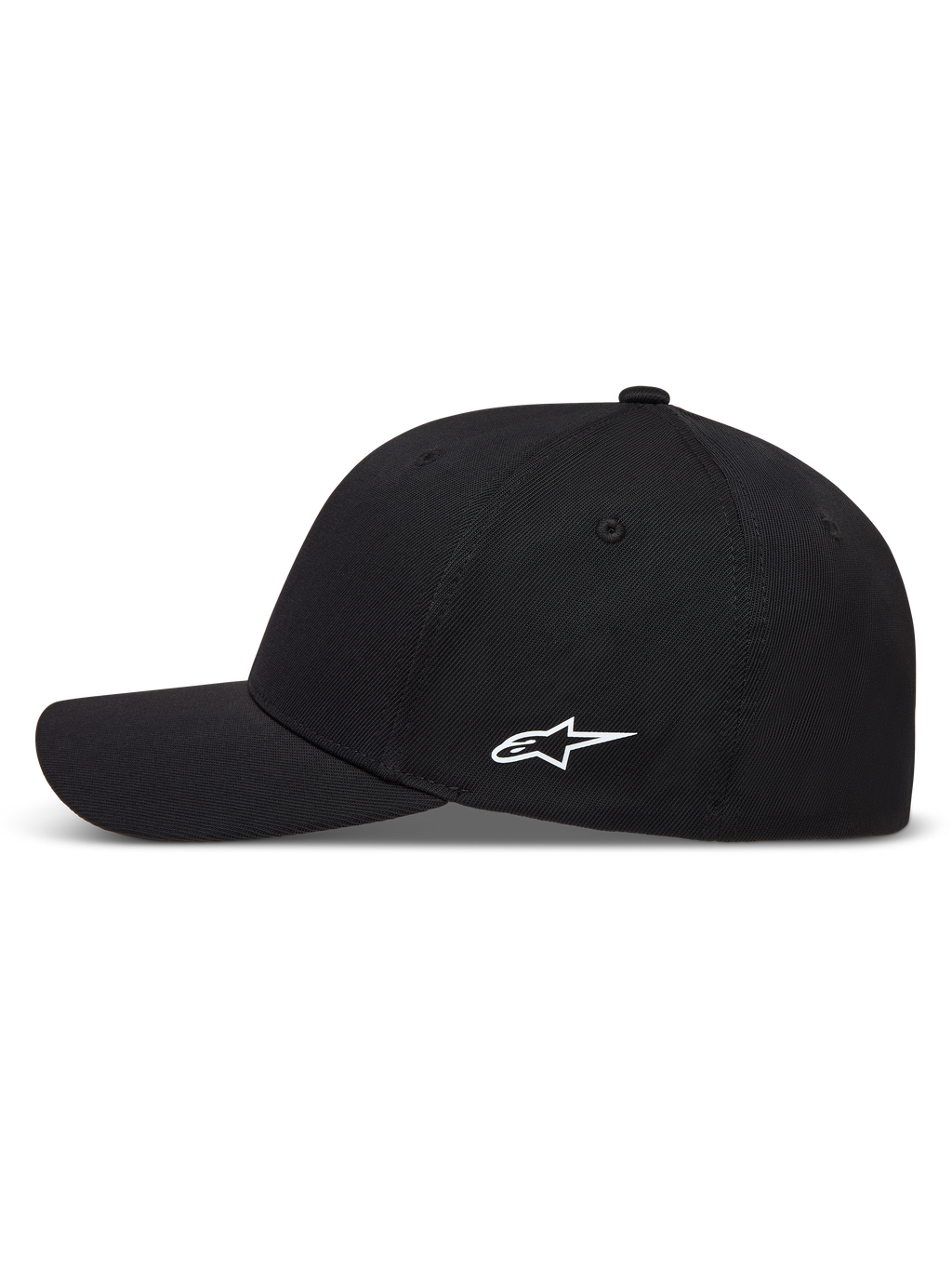Alpinestars Points Hat, black sportswear baseball cap with a white HD print side logo and curved brim, made from nylon tactel.