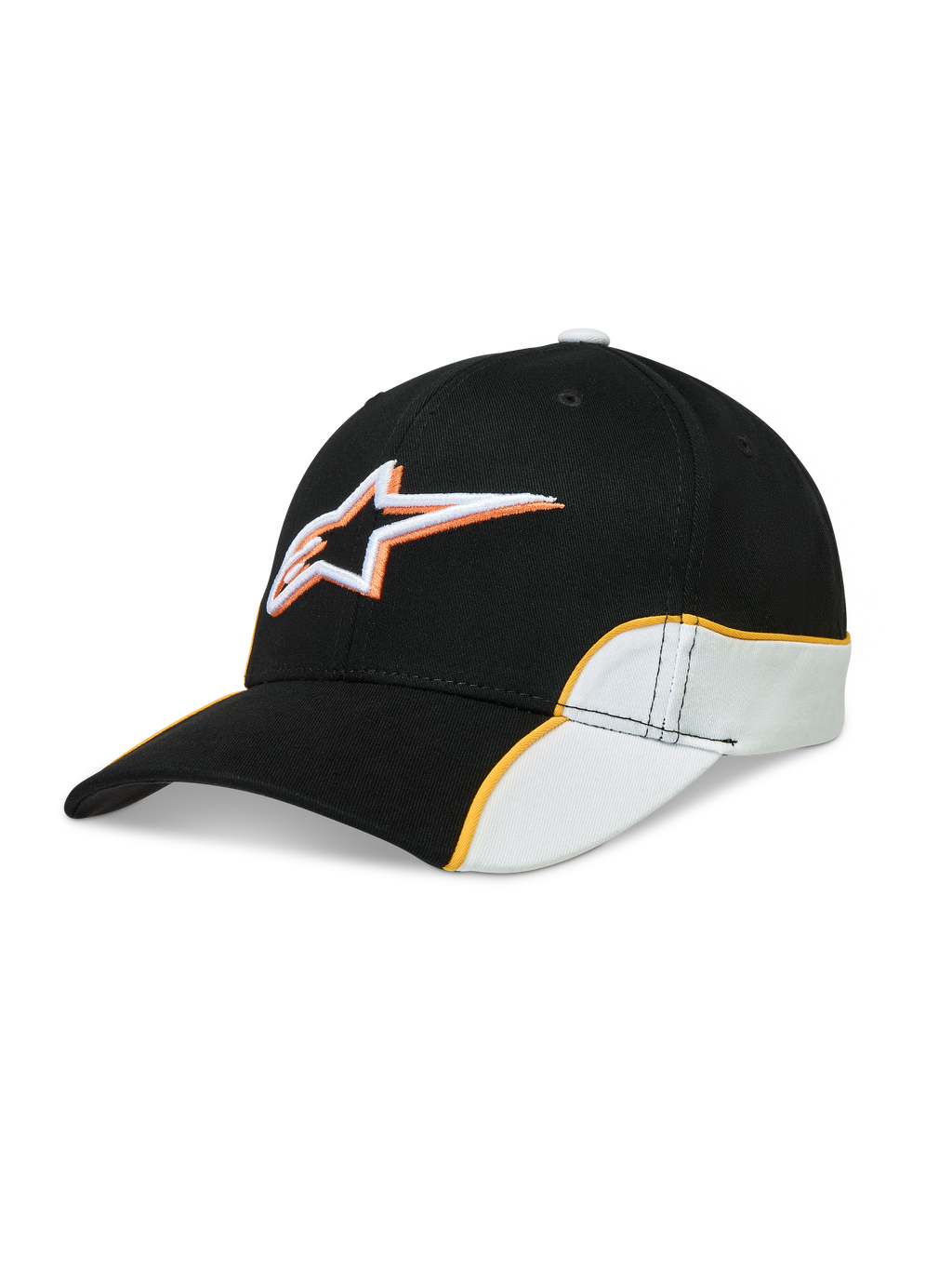 Alpinestars Gorra 500 Snapback, gorra de béisbol estilo motorsport, unisex, negra y blanca con ribete naranja en contraste, visera curva, logotipo Astars bordado en 3D, confeccionada en sarga de algodón.