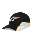 Alpinestars Gorra 500 Snapback, gorra de béisbol estilo motorsport, unisex, negra y blanca con ribete naranja en contraste, visera curva, logotipo Astars bordado en 3D, confeccionada en sarga de algodón.