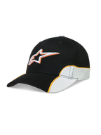 Alpinestars Gorra 500 Snapback, gorra de béisbol estilo motorsport, unisex, negra y blanca con ribete naranja en contraste, visera curva, logotipo Astars bordado en 3D, confeccionada en sarga de algodón.