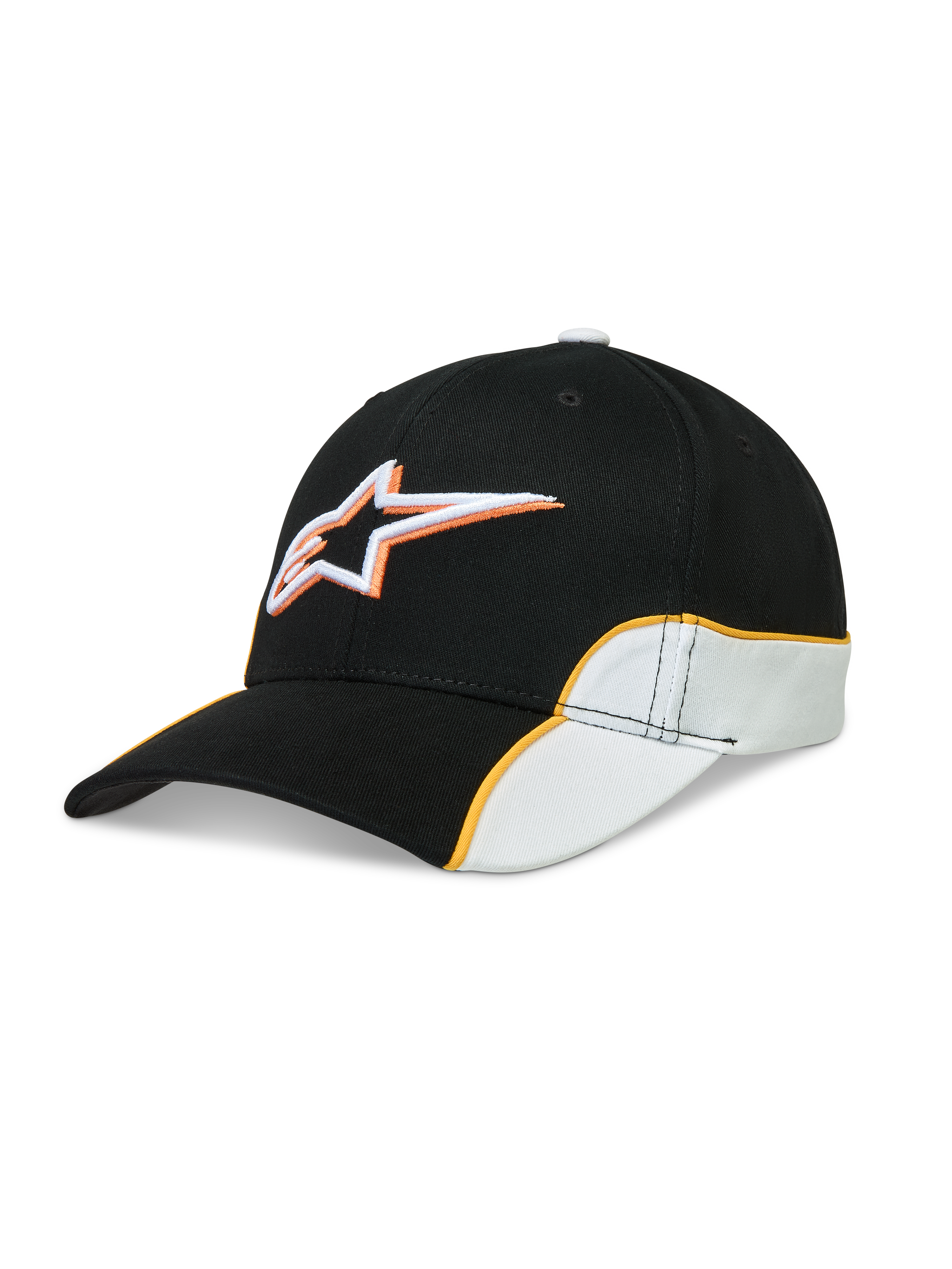 Alpinestars Gorra 500 Snapback, gorra de béisbol estilo motorsport, unisex, negra y blanca con ribete naranja en contraste, visera curva, logotipo Astars bordado en 3D, confeccionada en sarga de algodón.