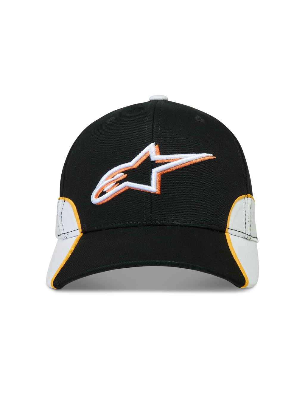 Alpinestars Gorra 500 Snapback, gorra de estilo motorsport, negra, blanca y naranja, con logotipo Astars bordado en 3D, visera curva y construcción en sarga de algodón