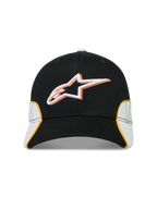 Alpinestars Gorra 500 Snapback, gorra de estilo motorsport, negra, blanca y naranja, con logotipo Astars bordado en 3D, visera curva y construcción en sarga de algodón