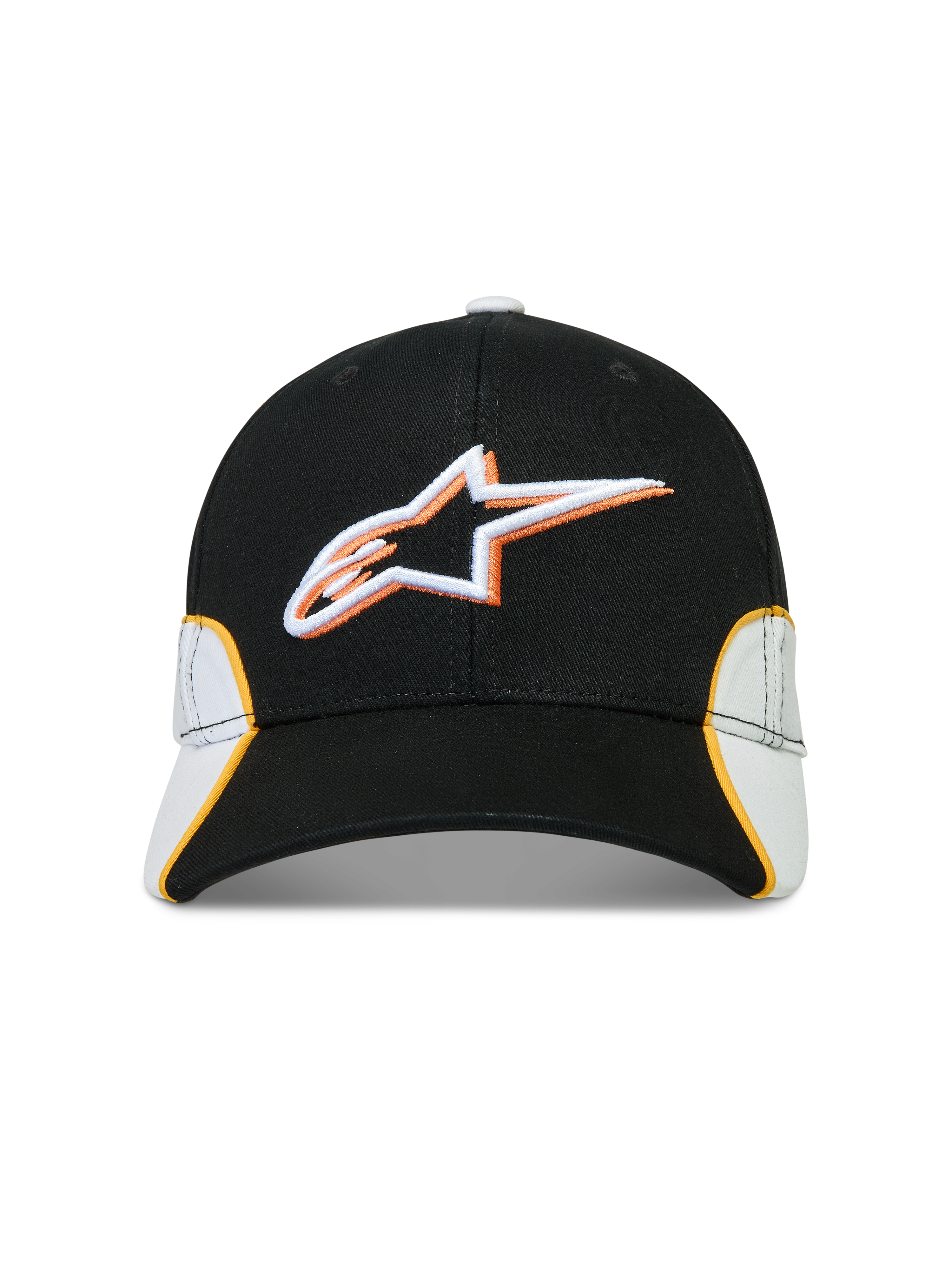 Alpinestars Gorra 500 Snapback, gorra de estilo motorsport, negra, blanca y naranja, con logotipo Astars bordado en 3D, visera curva y construcción en sarga de algodón