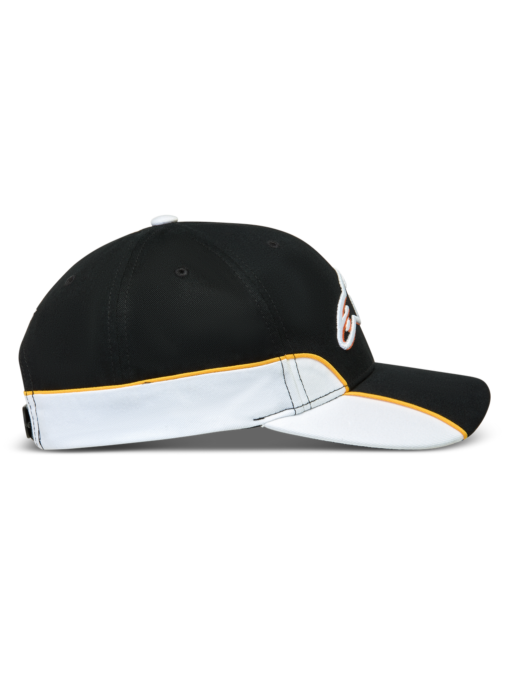Alpinestars gorra 500 Snapback, gorra de béisbol de estilo motorsport, negra y blanca con ribete naranja, perfil lateral con visera curva, corona estructurada y detalle de ribete en contraste, ropa deportiva