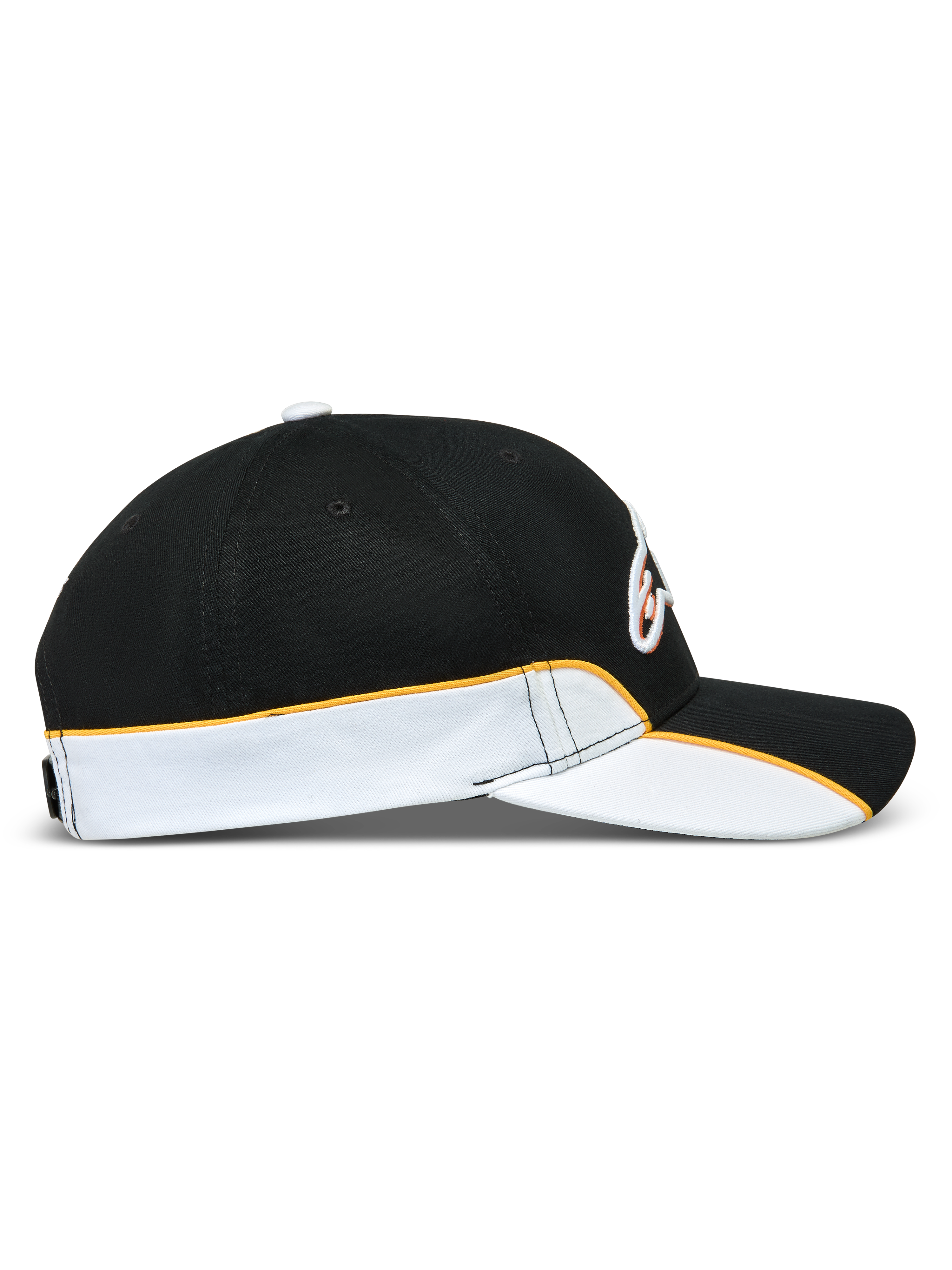 Alpinestars gorra 500 Snapback, gorra de béisbol de estilo motorsport, negra y blanca con ribete naranja, perfil lateral con visera curva, corona estructurada y detalle de ribete en contraste, ropa deportiva